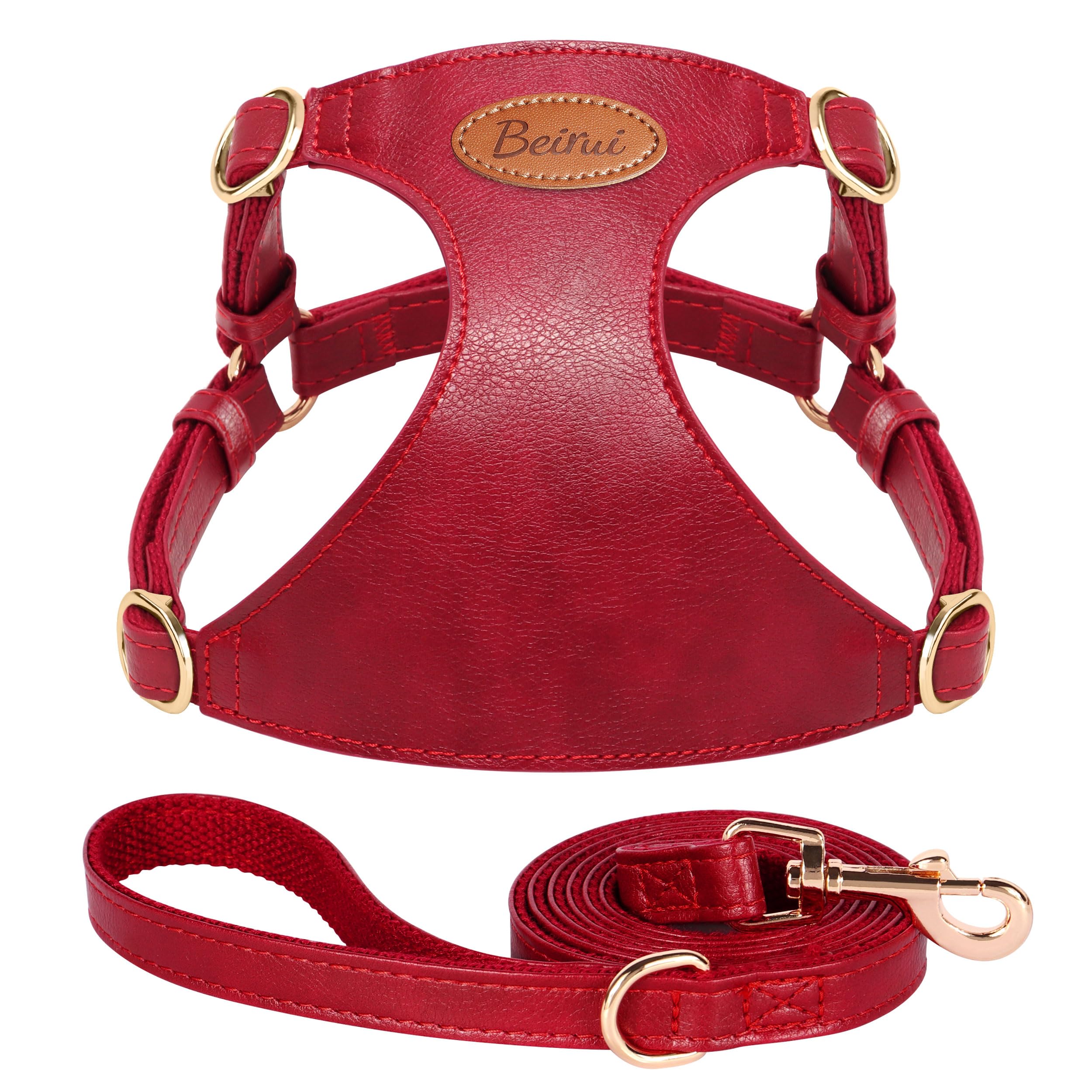 Beirui ‌Stylish PU Leather Dog Harness‌ and Leash Set for Small Dogs, ‌Adjustable Step in Dog Vest Harness with Breathable Mesh Lining and Durable Metal Buckle for Walking Traveling(Red,S)