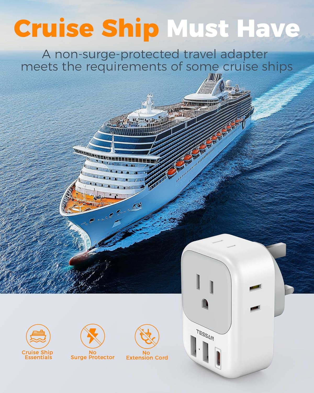 US to UK Plug Adapter PD 20W, TESSAN Type G Travel Converter with 3 USB Charger(1 USB C Port), 4 Outlets Power Adaptor for USA to Qatar Ireland Hong Kong England Scotland Kenya Dubai London British