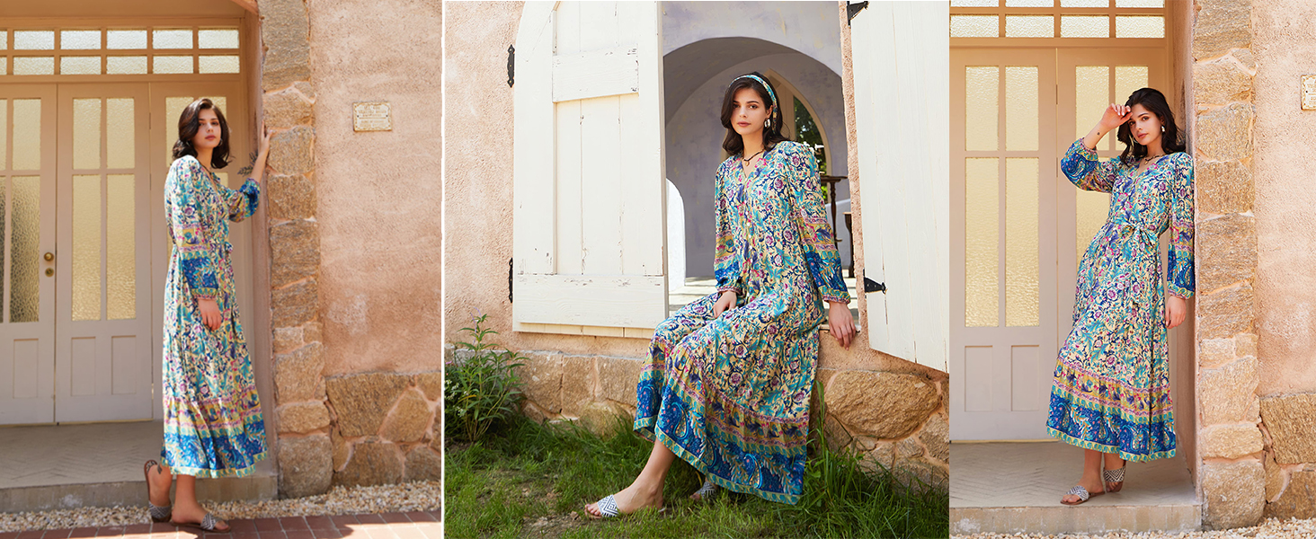 elegant women boho floral print long dress Elegant Cotton Floral Print Woman Maxi Dress Boho Beach 2 Pieces Gown 12 / Picture Color