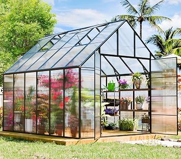 Outdoor Polycarbonate Greenhouse Kit,12x10x10 FT Large Outsides Aluminum Frame Heavy Duty Green House with Transparent Panels Windows Door for Backyard Garden, Walk in Plant Greenhouses,Black Frame