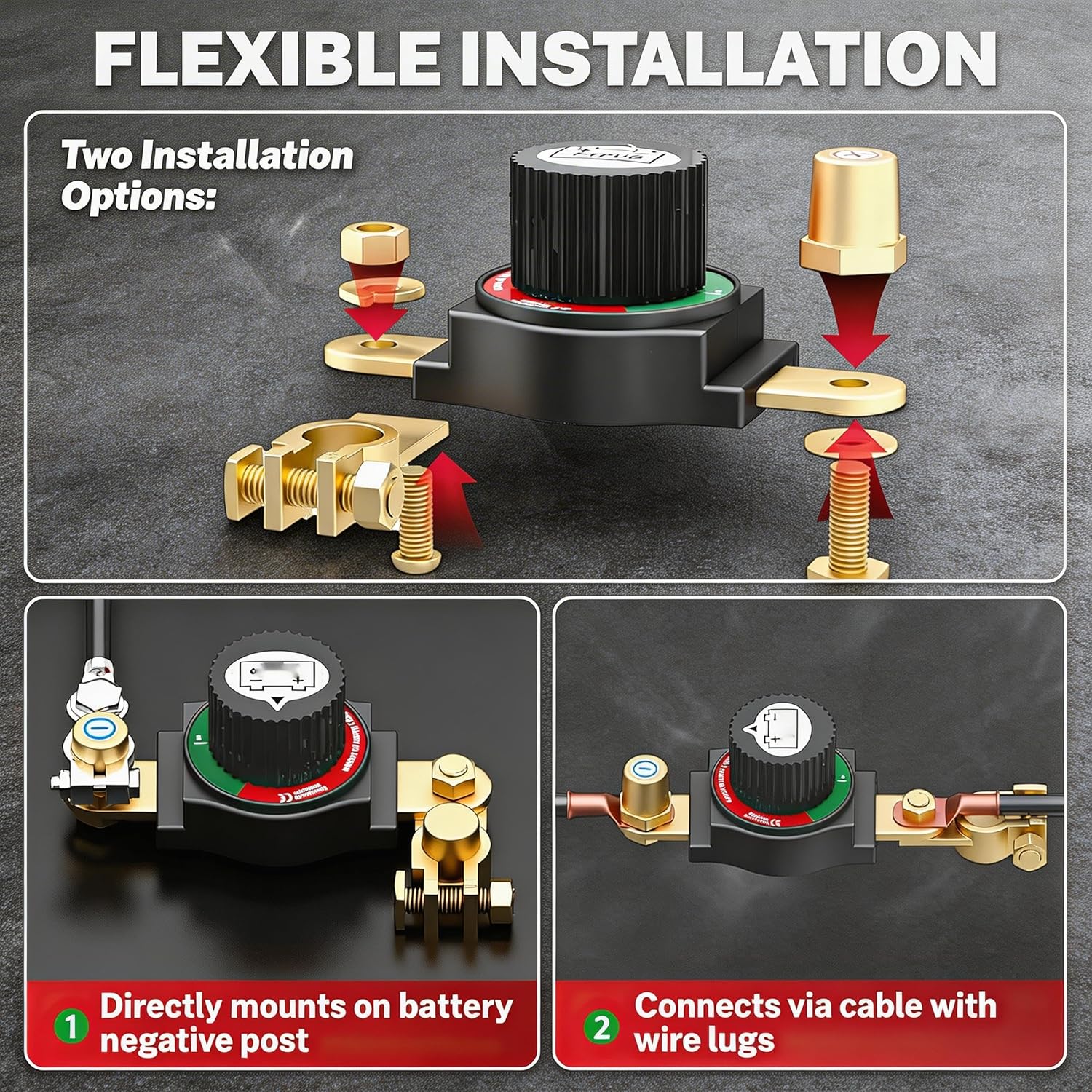 Battery Disconnect Switch Kit 12V-48V with 2 100A ANL Fuses and Holder | Car Battery Cut Off, RV Marine Boat Truck, Audio System Use, Brass Terminal, Heavy Duty Build, Vehicle Power Control