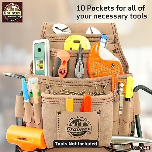 Miniatura 2 de GRAINTEX ST2040 - Bolsa de 10 bolsillos para uñas y herramientas de cuero natural de grano superior para enmarcadores, constructores, electricistas,