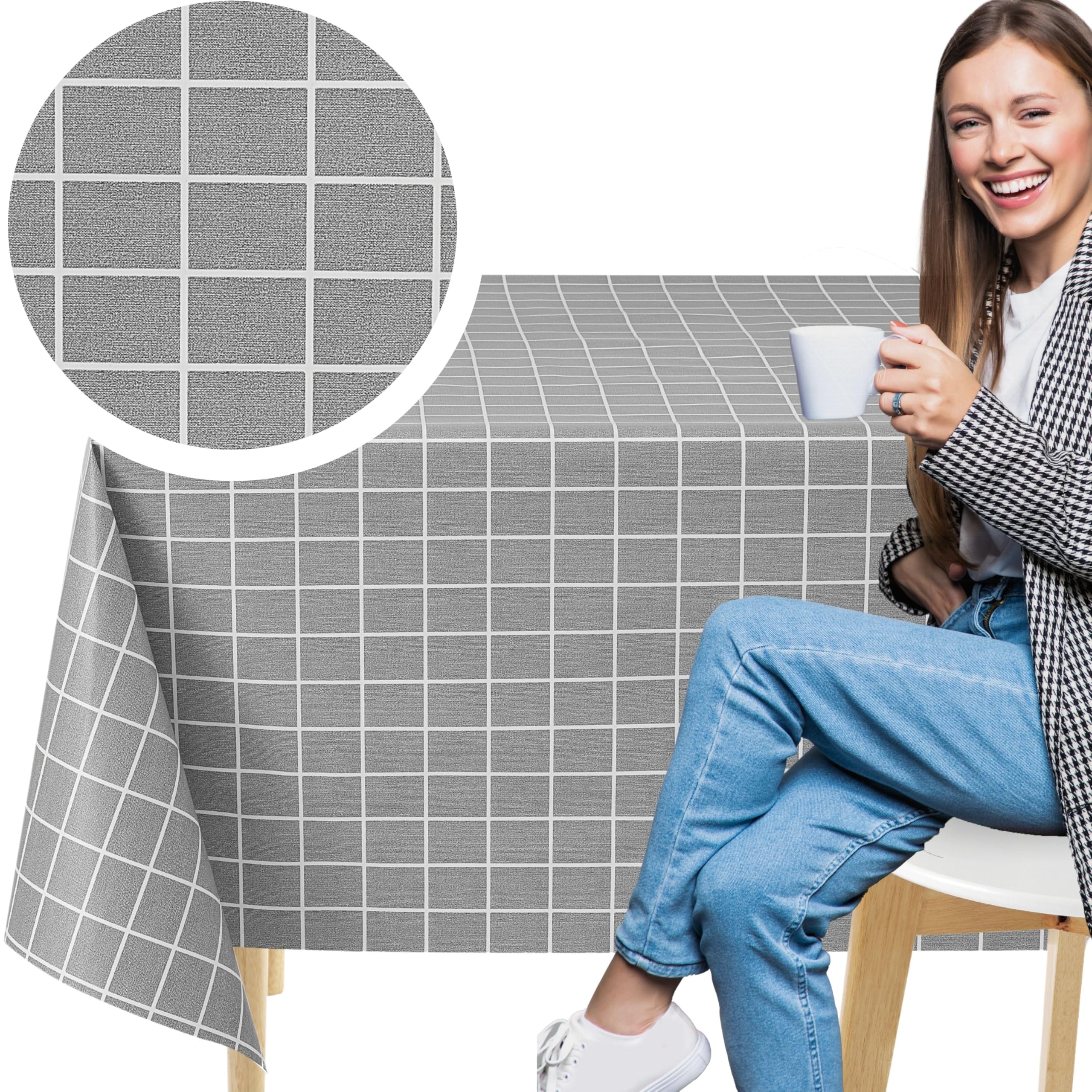 KP HOME Wipe Clean Tablecloth Rectangular 78.7"x 53.9" (200x137cm) - Plastic Table Cloth Wipe Clean, Rectangle Outdoor PVC Oil Cloth Table Cover Waterproof - Wipeable Vinyl - Modern Grey Grid