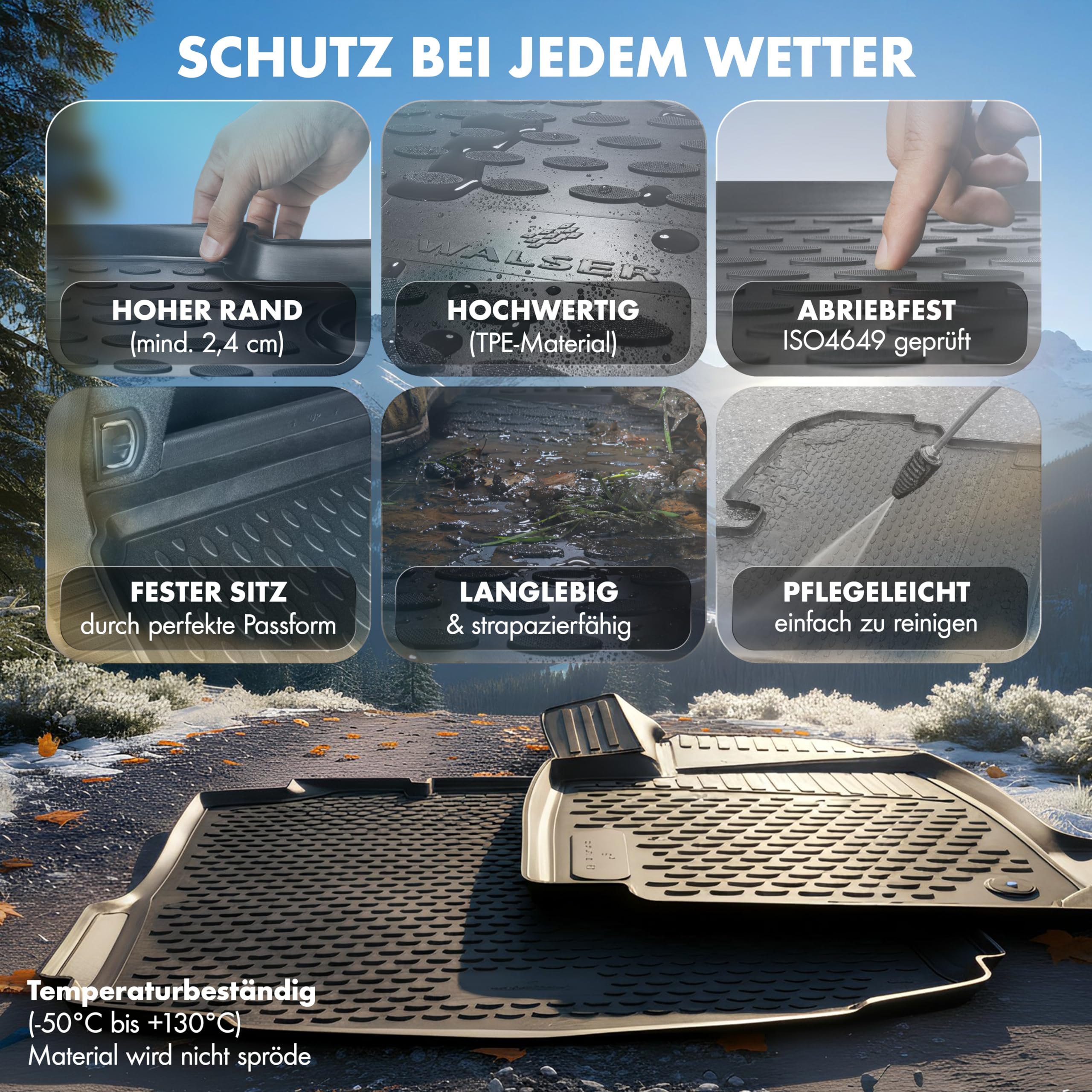 WALSER Kofferraumwanne & Gummi Fussmatten Set für Audi A4 B9 (8W2, 8WC) 2015-2024, 100% passgenaue Auto Fußmatten, Antirutschmatte PKW, Auto Gummimatten
