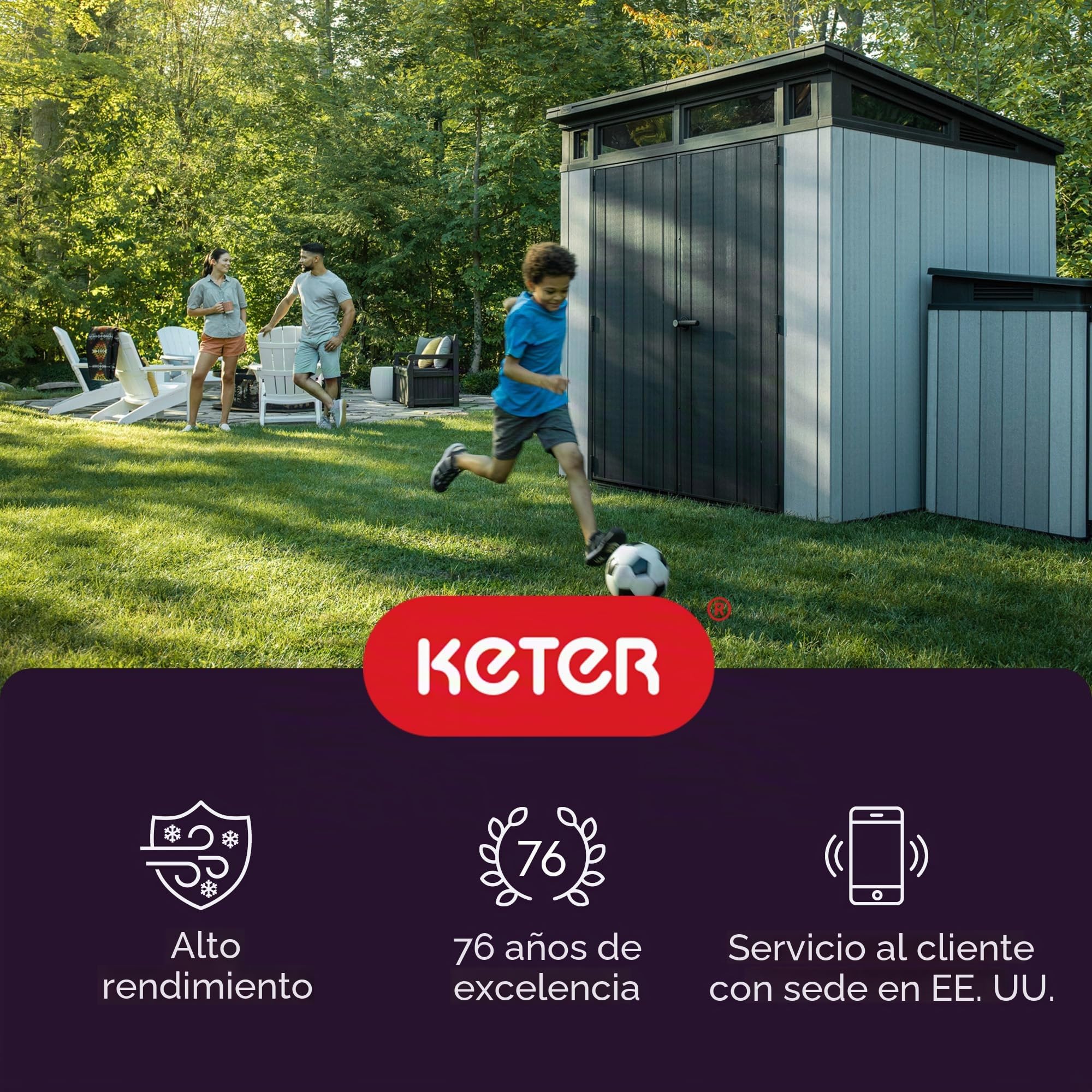KETER Manor - Cobertizo de almacenamiento exterior, fabricado en resina, ideal para guardar muebles y herramientas de jardín, accesorios de bicicletas, sillas de playa, un cortacésped (gris y blanco, 1,22 x 1,83 m)