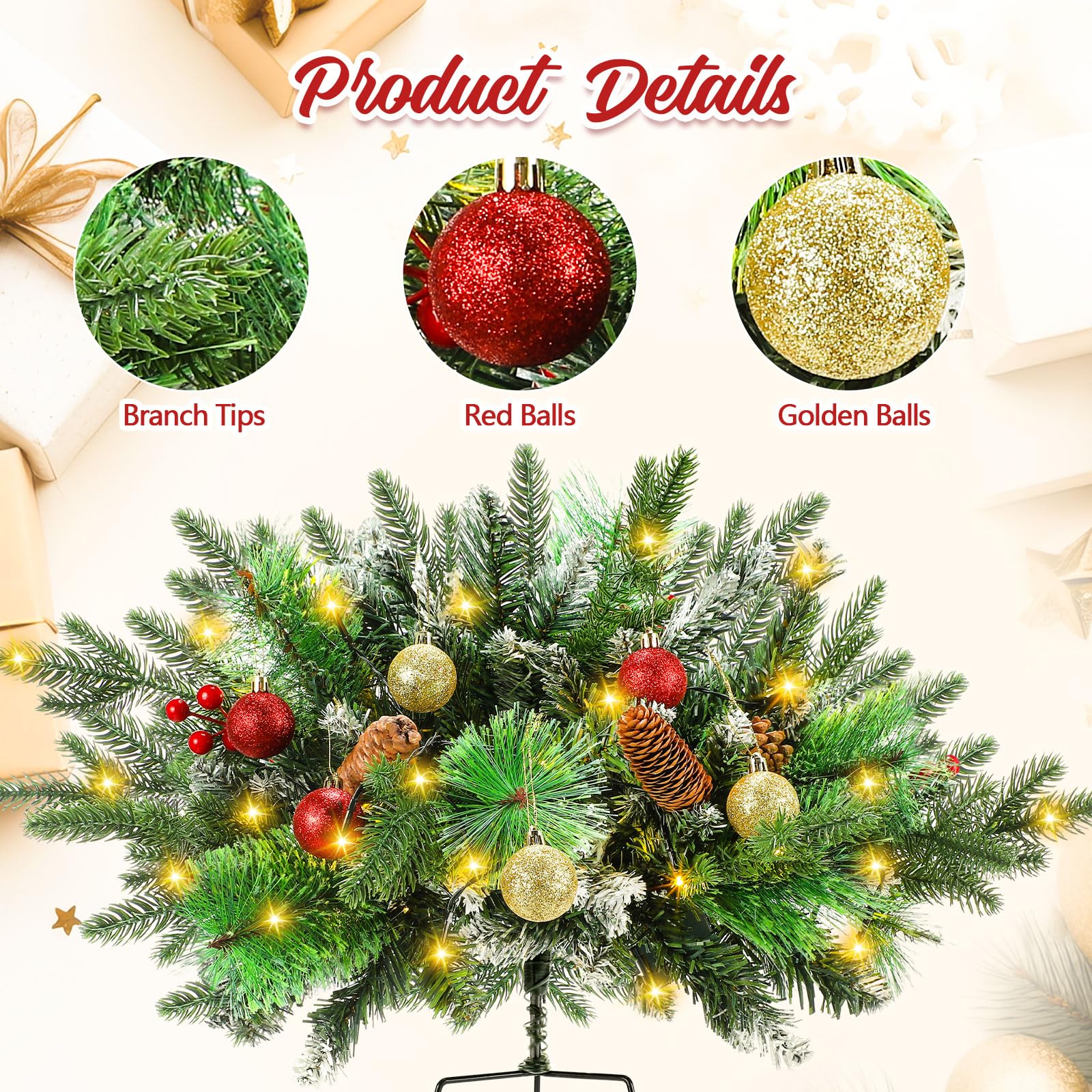Hollowfly Lot de 2 urnes de Noël artificielles éclairées de 63,5 cm avec cônes et baies rouges - Décoration de Noël avec 70 lumières LED - Trépied