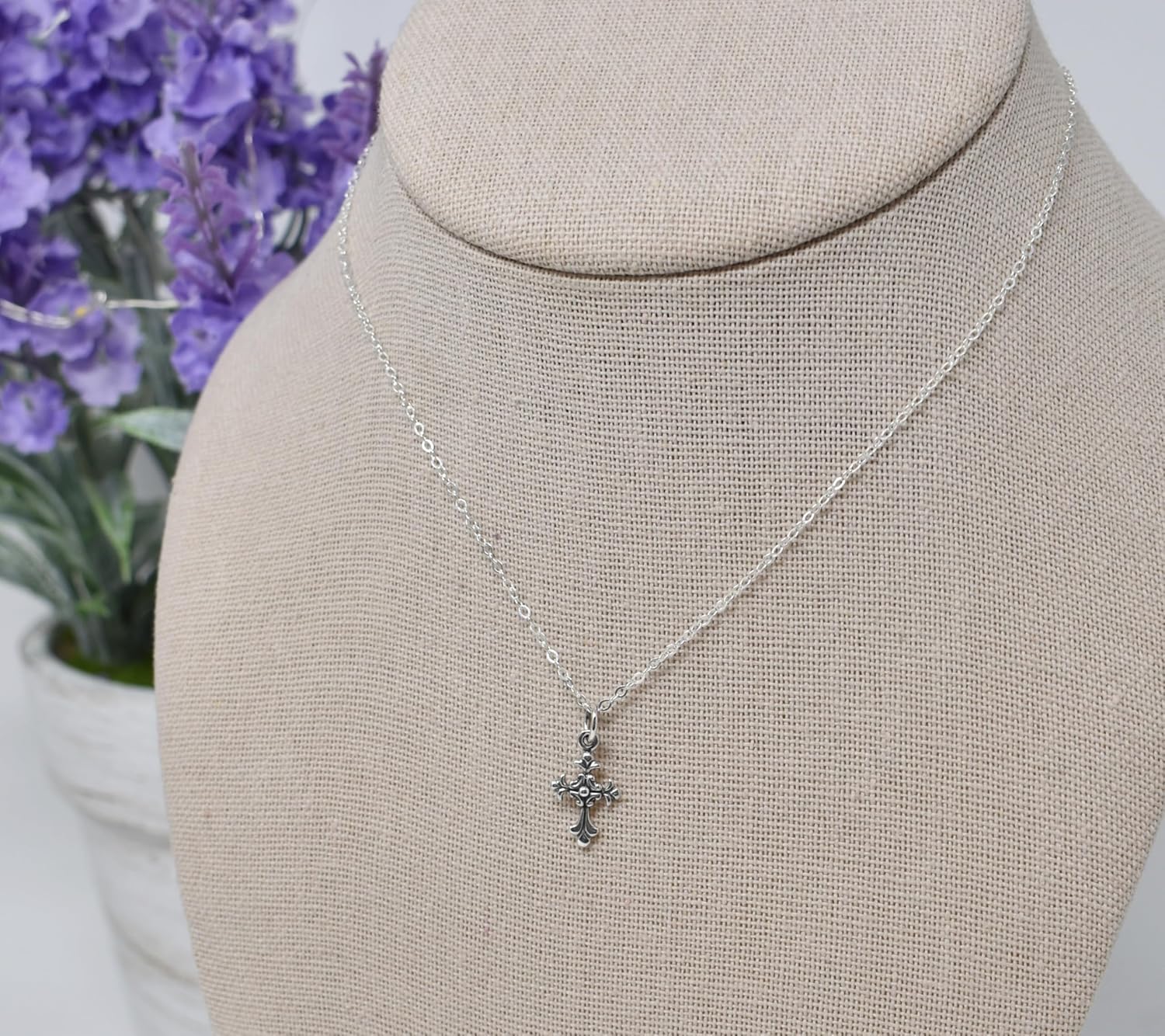 First Holy Communion Necklace | 925 Sterling Silver | Textured Cross Charm | 14" Chain | Little Girls Jewelry |