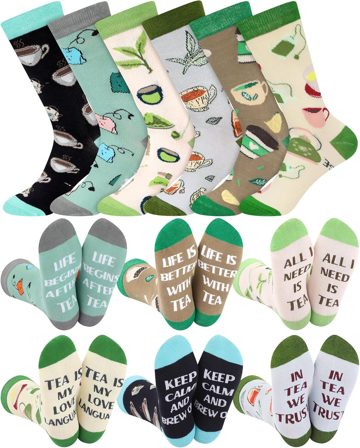 6 Pairs Tea Lover Socks for Women Novelty Cotton Crew Socks Tea Gift for Book Lovers Calm Lifestyle Birthday Favors