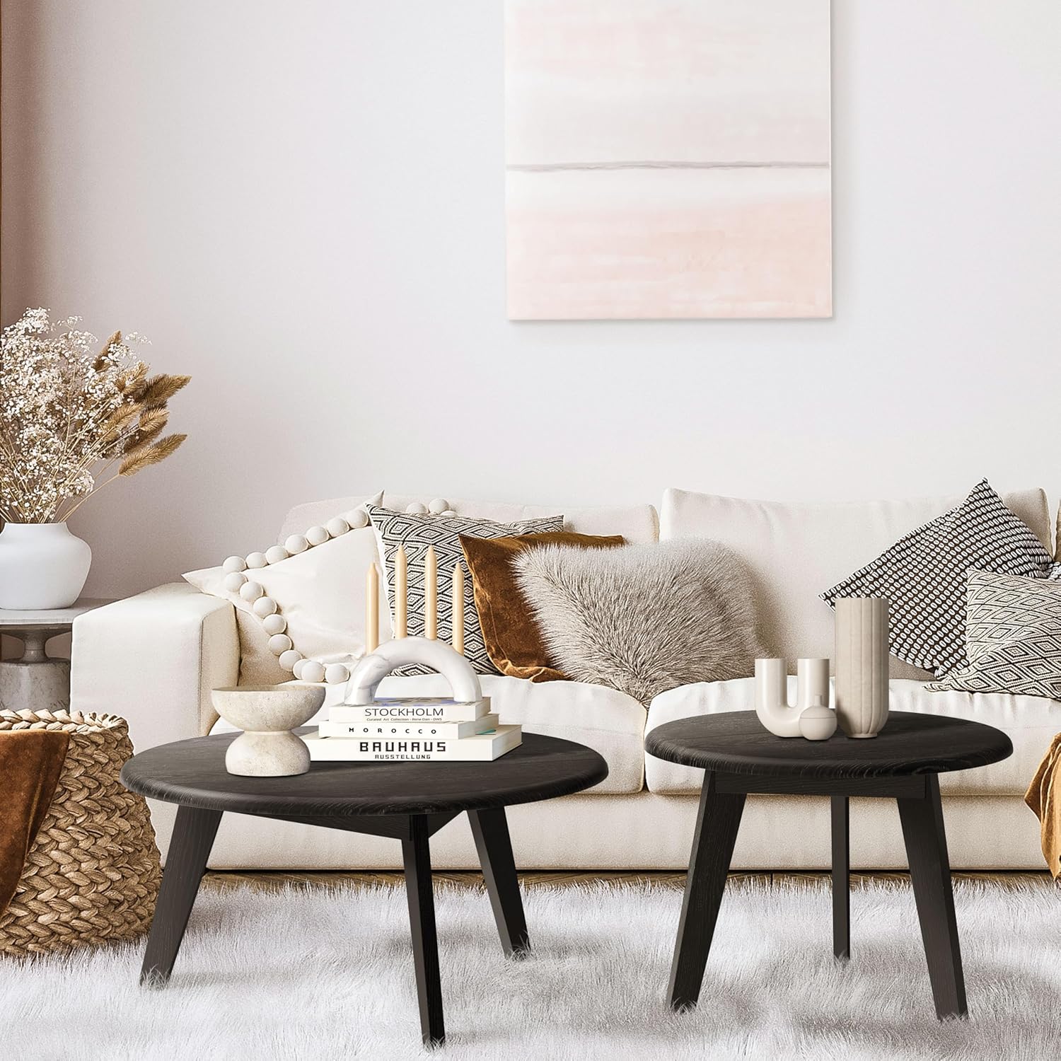 23.6" Coffee Table Mid Century Modern Farmhouse Round Nesting Stacking, Vintage Rustic Solid Wood, Black Accent Coffee Table for Living Room, Bedroom & Office, Espresso