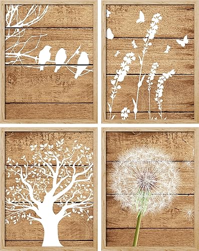 SIGNWIN Panel de madera enmarcado, árbol diente de león, pájaro, siluetas de naturaleza, juego de 4 impresiones de decoración de pared de naturaleza
