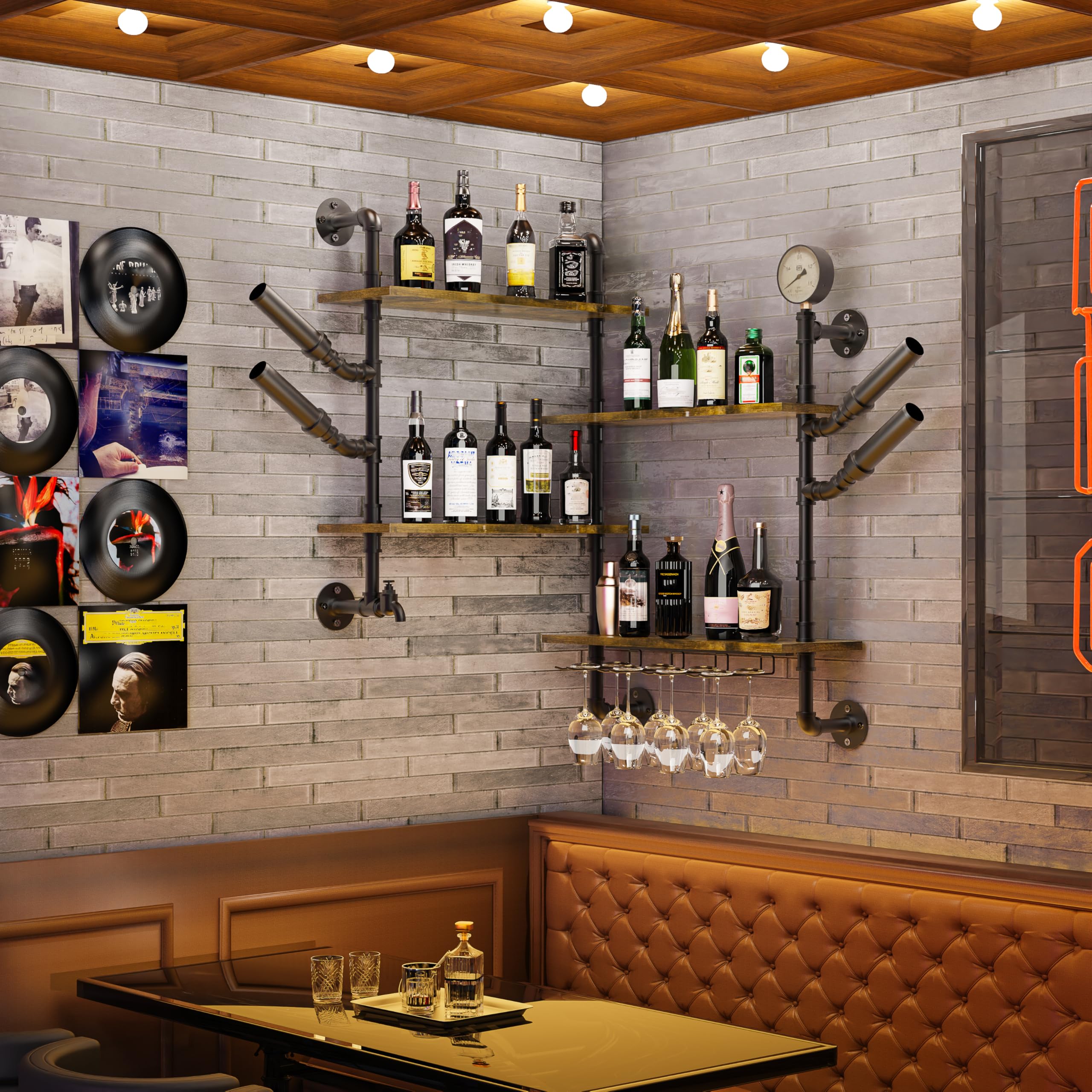 unho Botellero de Pared Industrial Grande de Metal: Estante de Vino Flotante Decorativo de 4 Niveles Esquinero de Botellas Especias para Cocina Hogar Bar Hotel 120x20x108cm