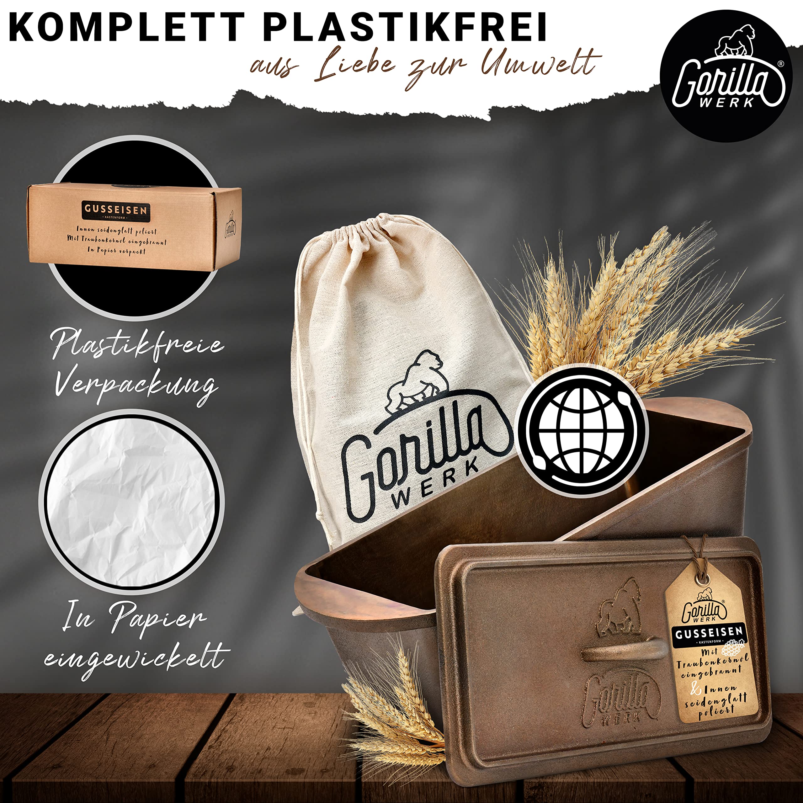 Premium Gusseisen Brotbackform mit Deckel - 3L 35x14x12cm - Voreingebrannt mit Traubenkernöl - Ideal als Kastenform,Toastbrot Backform