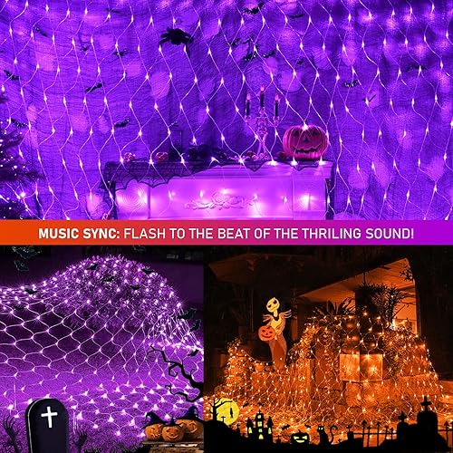 Miniatura 2 de JMEXSUSS Red de luces de Halloween naranja y morada, impermeable, 200 luces LED conectables que cambian de color, malla de alambre transparente,