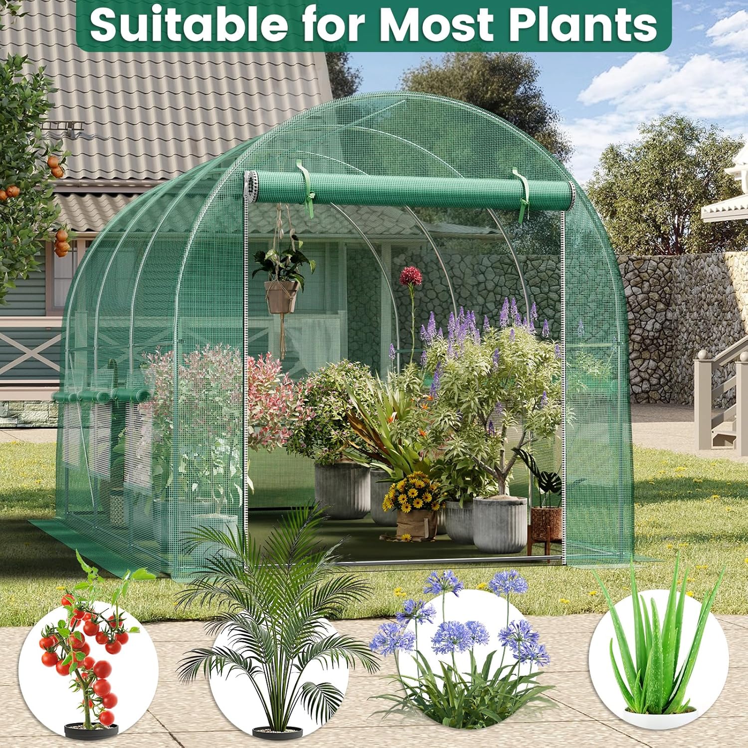 Walk-in Greenhouse 13×8×7FT, Outdoor Tunnel Greenhouse, Large Plant Hoop House for Outside, Hot House for Winter with 6 Ventilated Mesh Windows, Galvanized Steel Frame (Green, 13×8×7FT)
