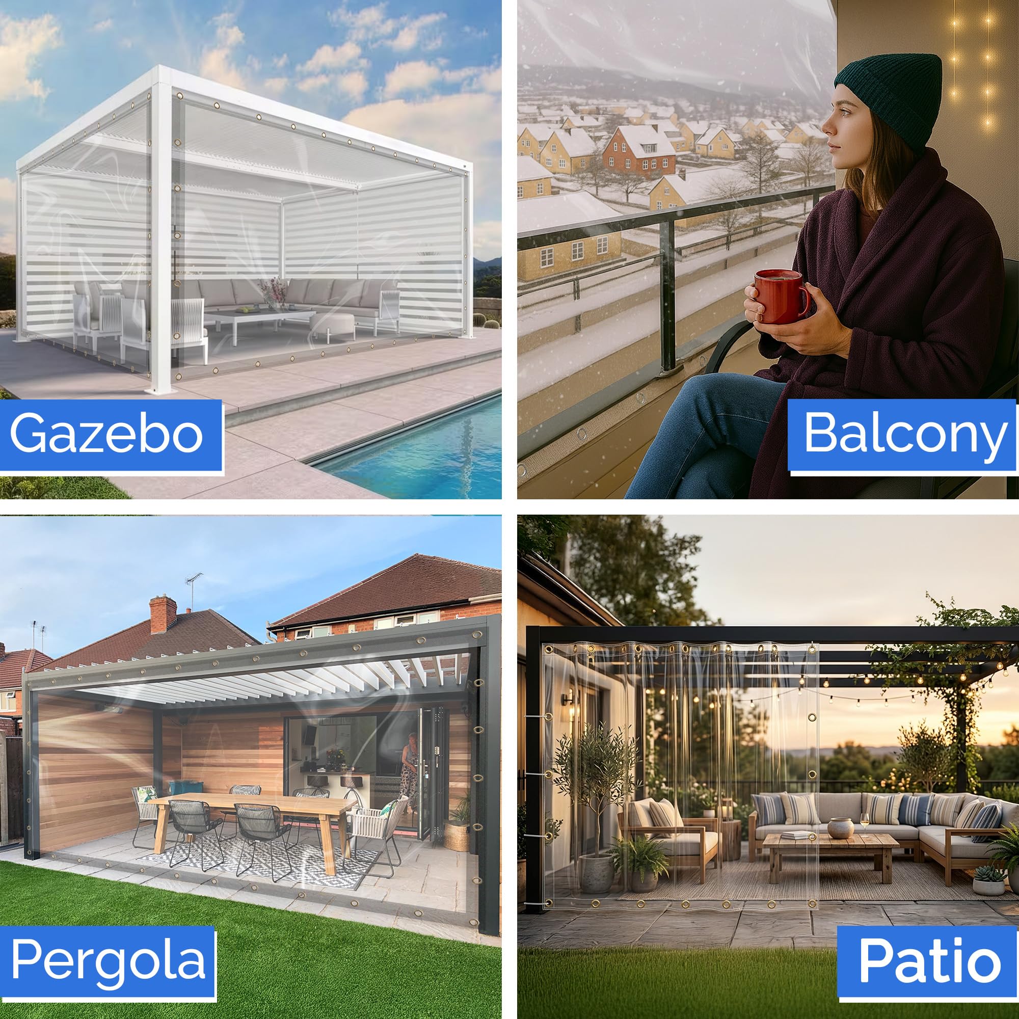 Zewnętrzna przezroczysta plandeka zasłona wodoodporna, odporna na warunki atmosferyczne, patio, przezroczysta zasłona na pergolę, werandę, altanę, kabanę / do wewnątrz z nierdzewnymi oczkami (35 x 22 cm)