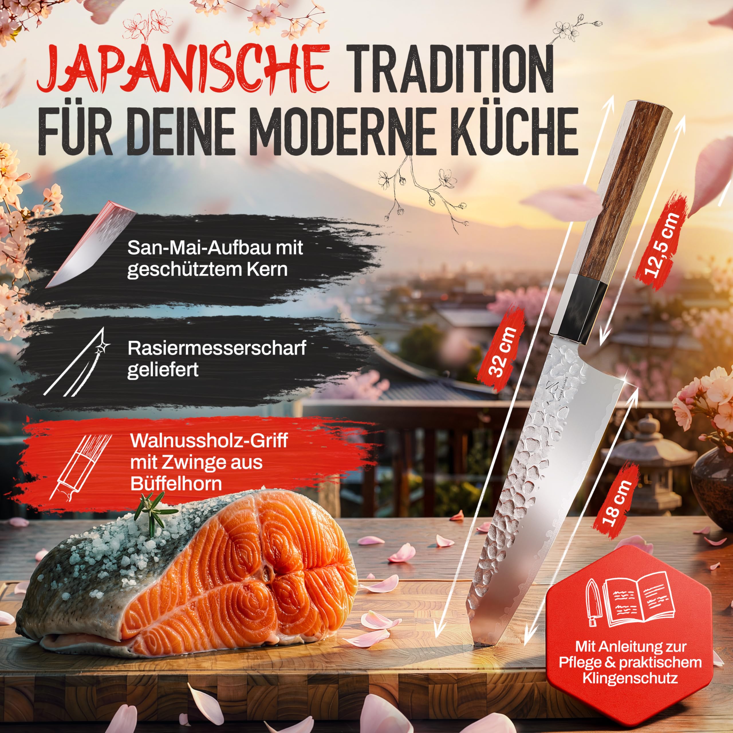Santoku - Handgefertigtes Original-Japanisches Messer | Universalmesser, 18 cm Klinge, Schneidfreudig dünn, hohe Standzeit, nur 132 g, VG10-Edelstahl, Griff Walnussholz/Büffelhorn