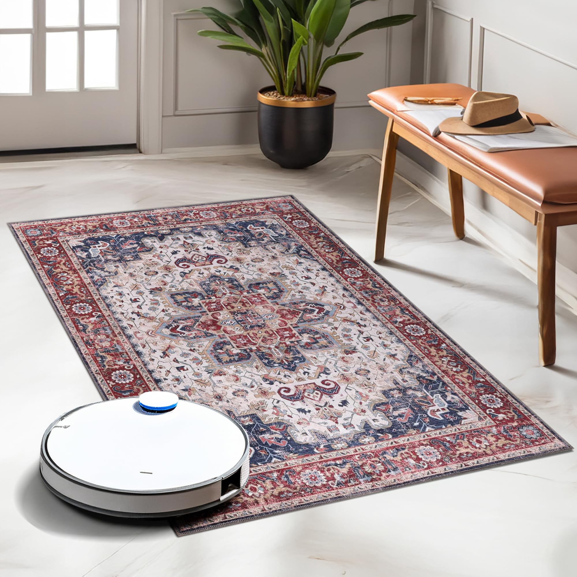 Tapis de salon lavable en machine - 80 x 150 cm - 4 mm d'épaisseur - Tapis chenille vintage avec envers en coton antidérapant - Tapis doux et lavable à poils courts pour chambre à coucher