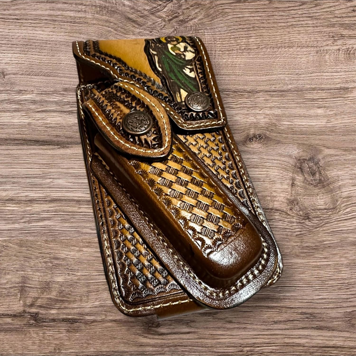 Western Leather Phone Holster with Knife Holder – Hand Tooled Cowboy Design – Made in Mexico – Belt Clip Case for Smartphones – Rodeo Style EDC