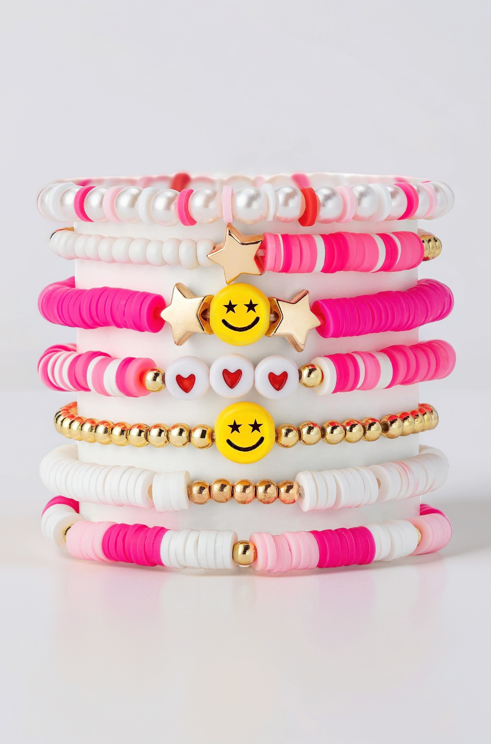 Shining Diva Fashion 7Pcs Combo Latest Stylish Beach Surfer Bracelets Set | Colorful Preppy Heishi Bracelet | Multilayer Boho Happy Smile Heart Star Stretch Beaded Bracelets | Evil Eye Stackable Beaded Bracelets | Y2K Pearl Bracelets Set for Women Girls Teens