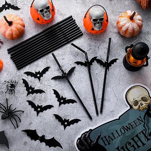 Miniatura 6 de Bokon Juego de 200 pajitas de murciélago negras para Halloween, desechables, de plástico, pajitas de Halloween para beber fiesta de Halloween,