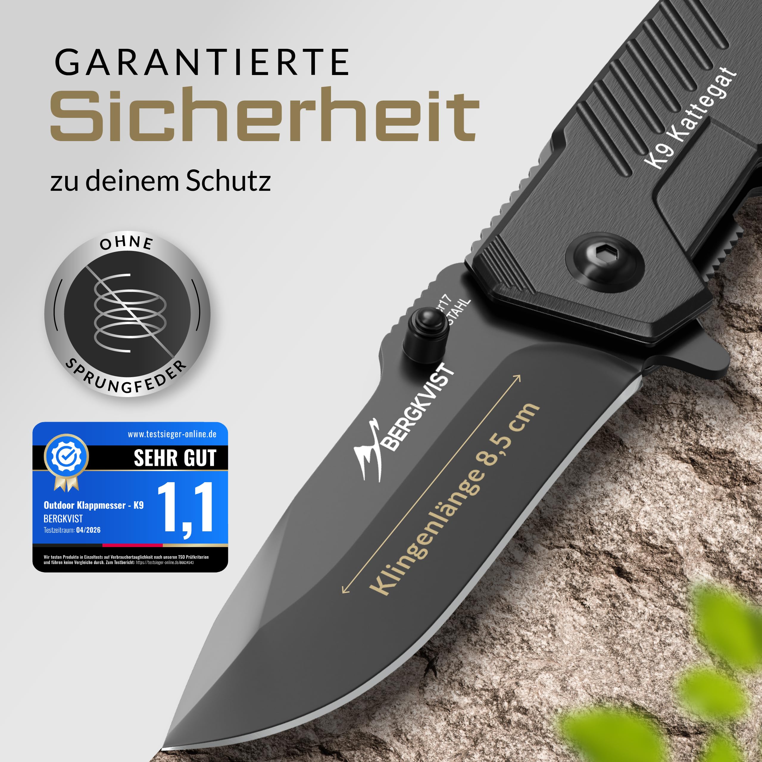 BERGKVIST® K9 Klappmesser für Outdoor & Survival [Einhandmesser] | scharfes Taschenmesser mit Edelstahlklinge, Feuerstahl & Gürteltasche, Vollmetall, schwarz