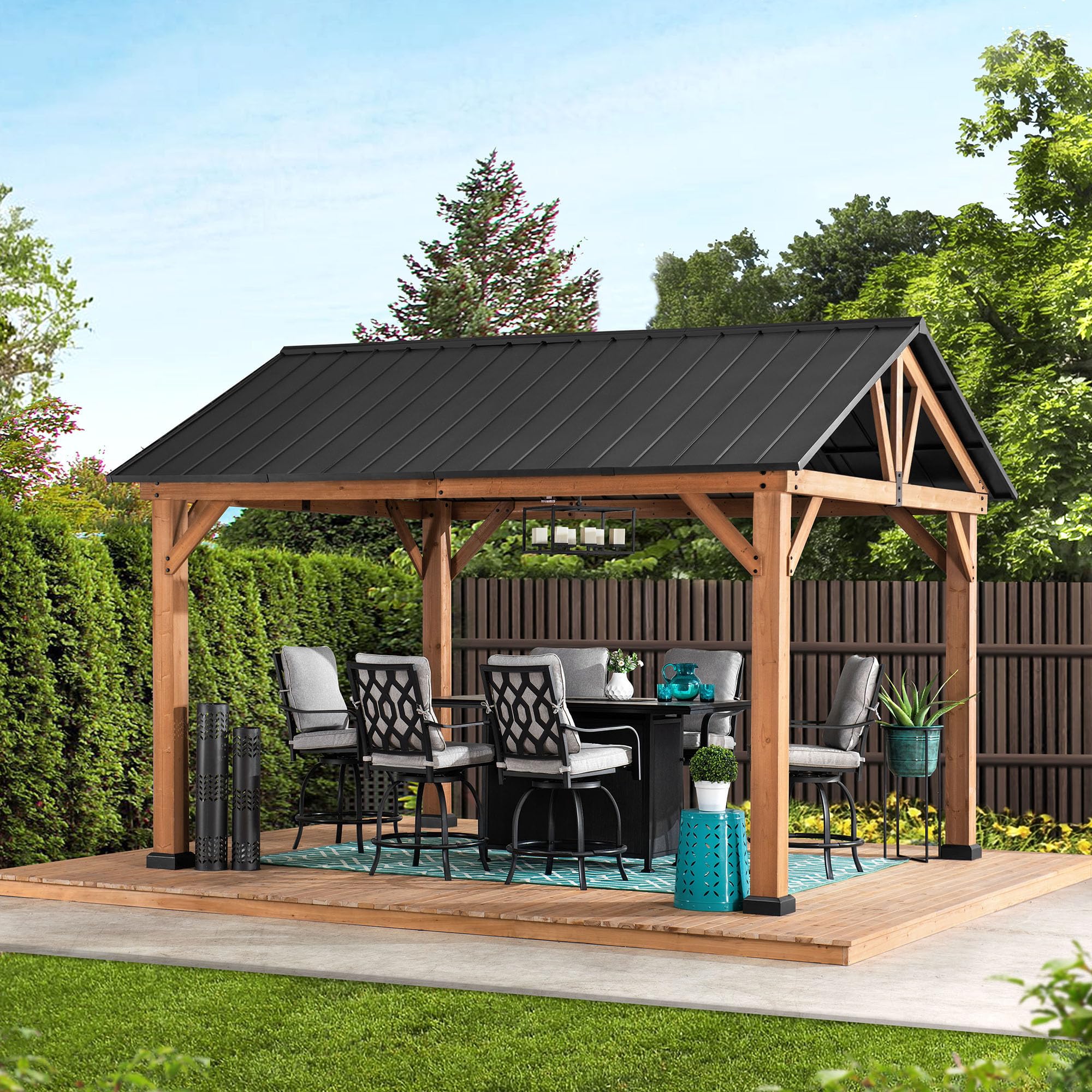 SUNJOY 4x3,36 m Holzpavillon aus Zedernholz wasserdicht, Wind- & schneefest, mit Satteldach aus Stahl, 14 cm starken Pfosten, robuster, dauerhafter Pavillon für Terrasse, Garten