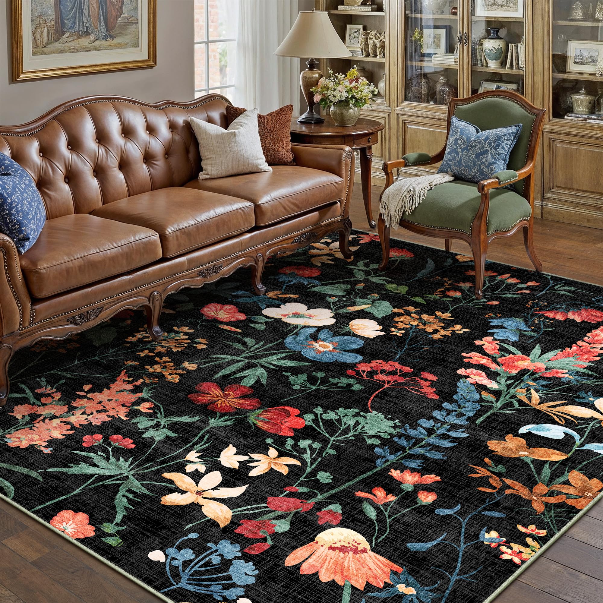 PureCozy Black Area Rug 5x7 Floral Washable Living Room Kitchen Boho Carpet Non Slip Low Pile Indoor Accent Lightweight Soft Throw Rug for Bedroom