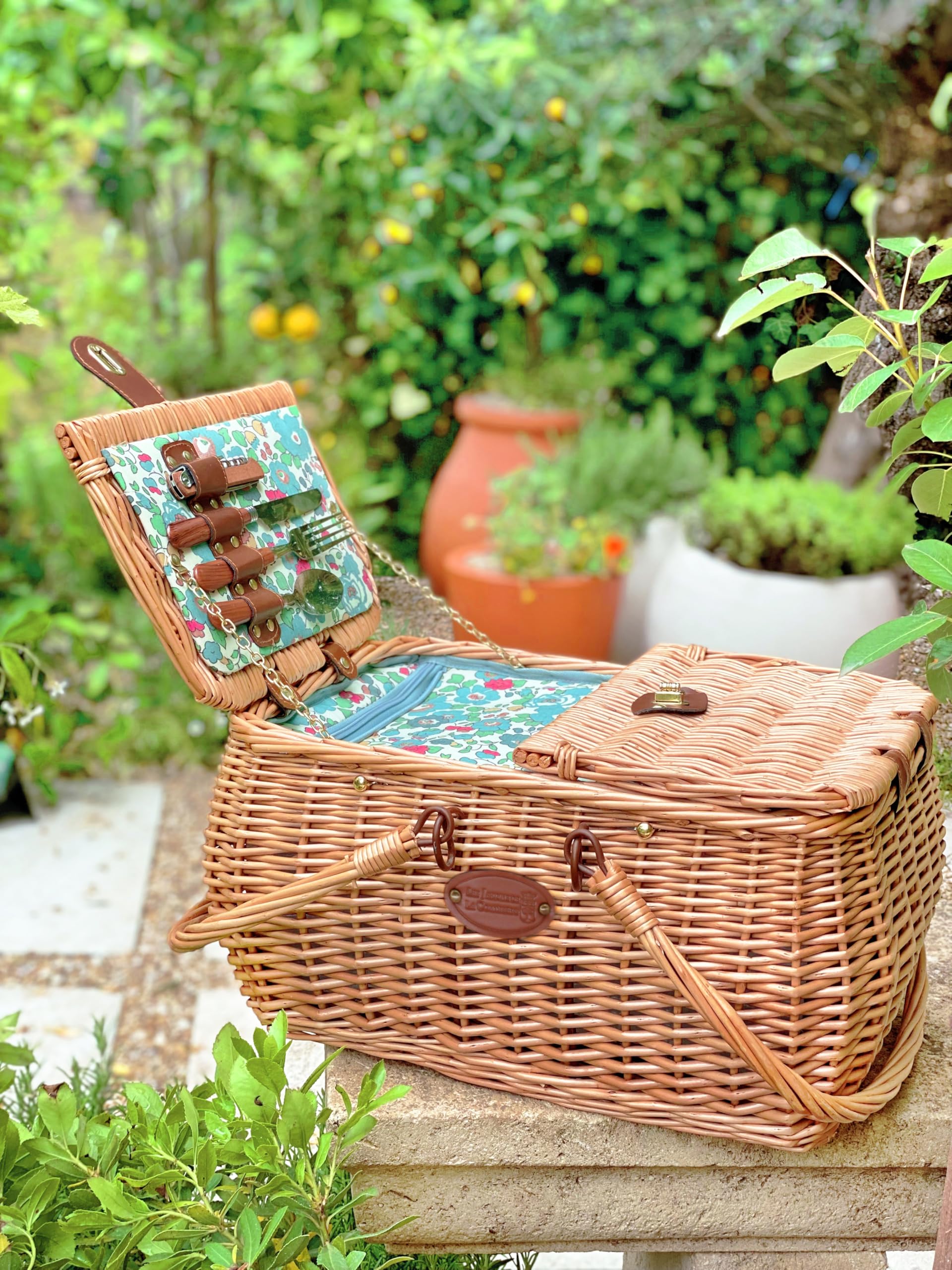 Les Jardins de la Comtesse - Picknickkorb Giverny – 2 Personen – Grün – komplett mit Kühlfach – Geschirr inklusive – Blumenmotiv – 45 x 36 x 23 cm