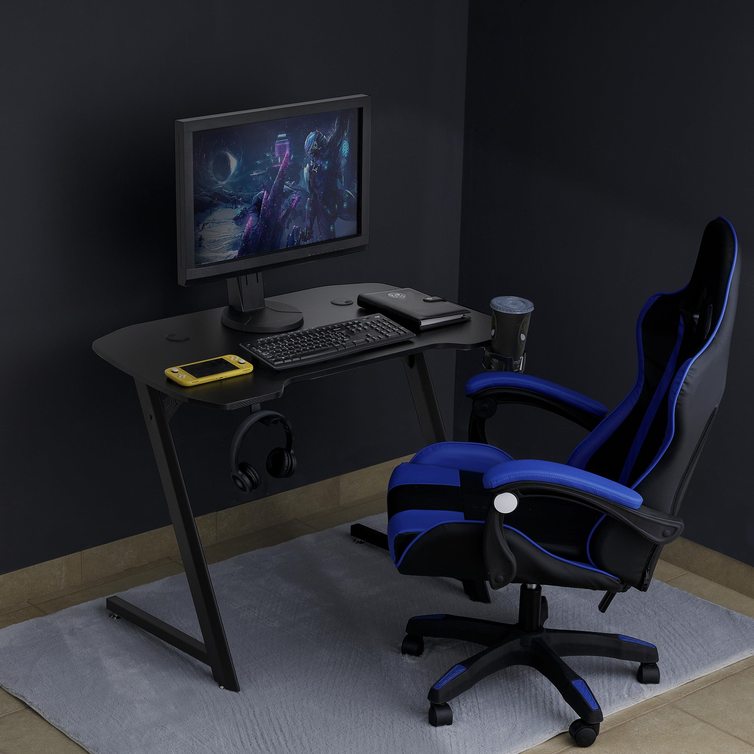 Baroni Home Scrivania Gaming per Computer Ergonomica con Supporto e Gancio Cuffie e Porta Bicchiere, Tavolo da Gioco in MDF e Acciaio, 100x60 cm