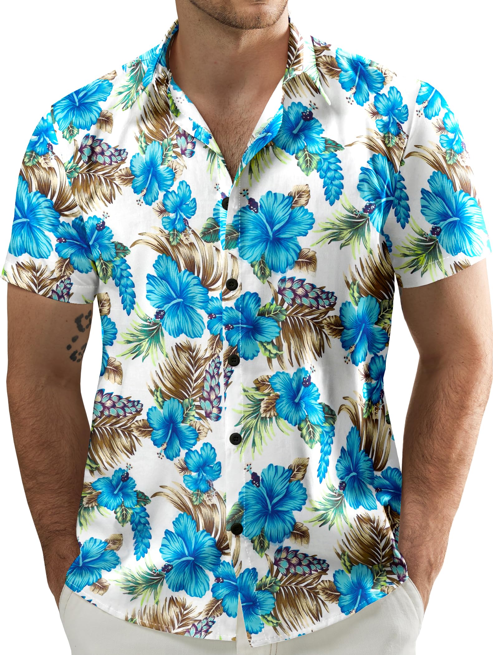 JOGAL Men's Flower Casual Short Sleeve Aloha Hawaiian Shirt