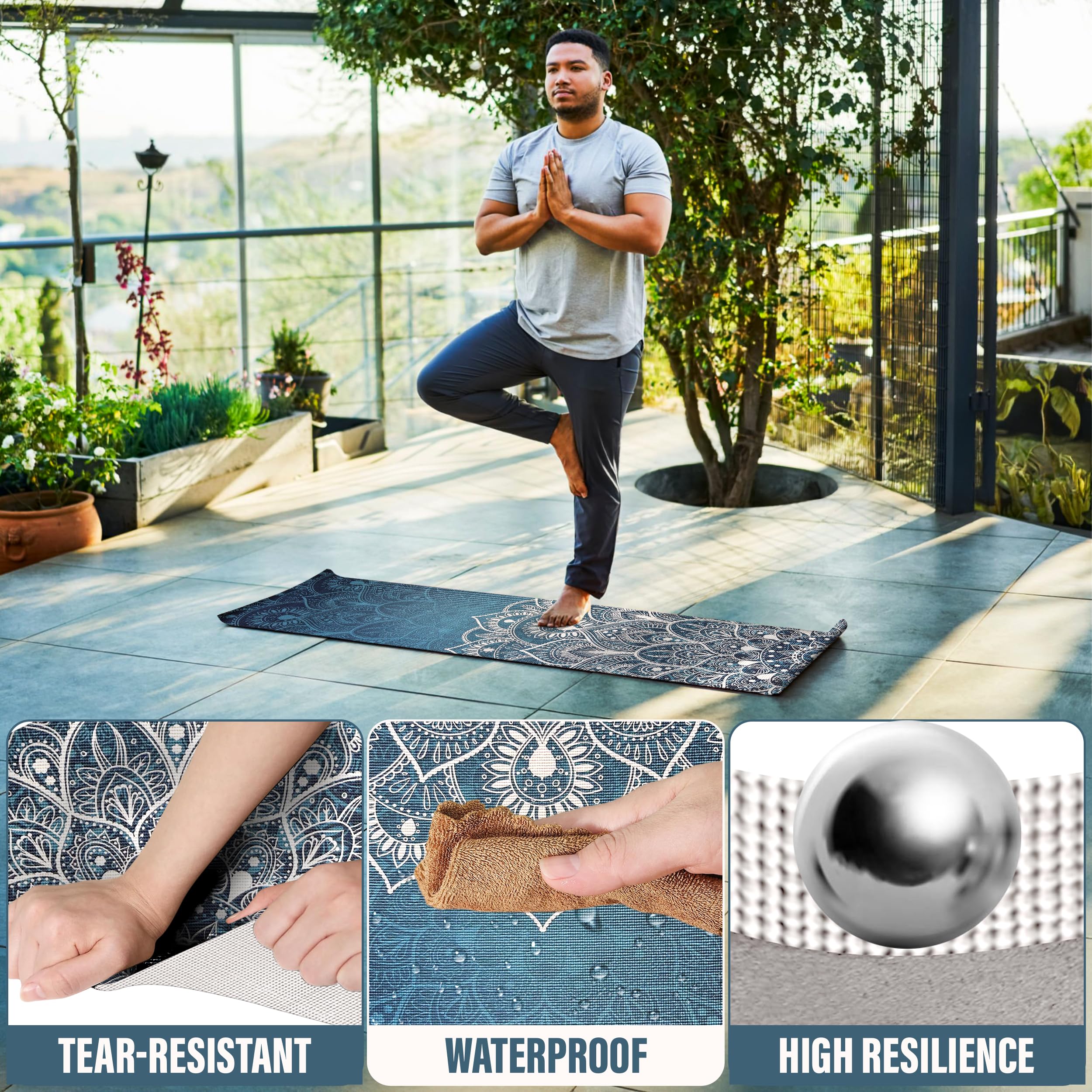 TechFit Tappetino Yoga Pilates Antiscivolo 173x61cm Spessore 0,6cm in PVC con Tracolla, Design Mandala, Materassino Fitness Palestra Morbido Resistente