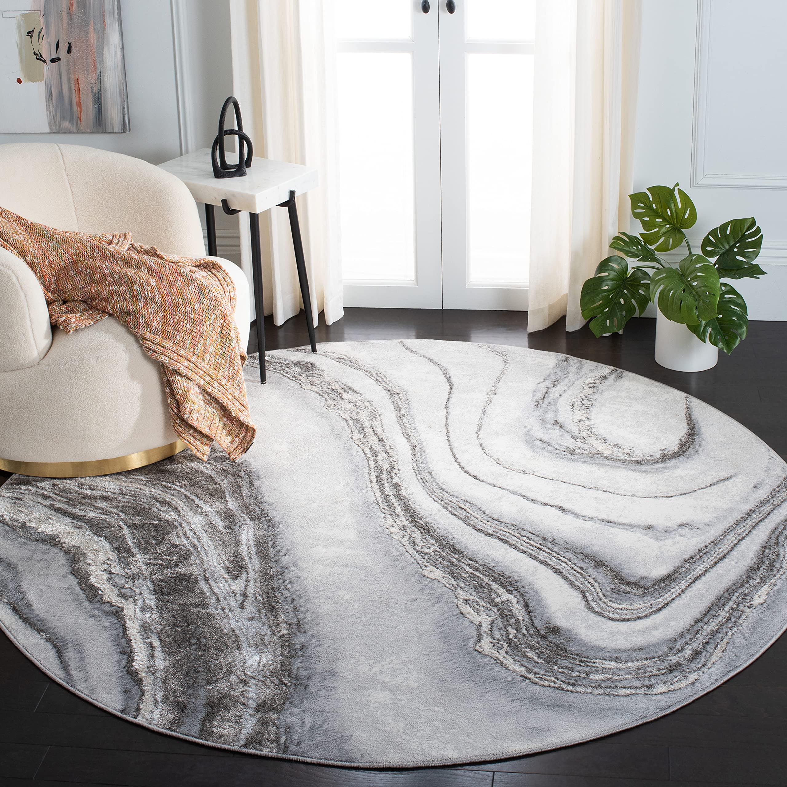 SAFAVIEH Orchard Collection Area Rug - 5' Round, Grey & Ivory, Modern Abstract Design, Non-Shedding & Easy Care, Ideal for High Traffic Areas in