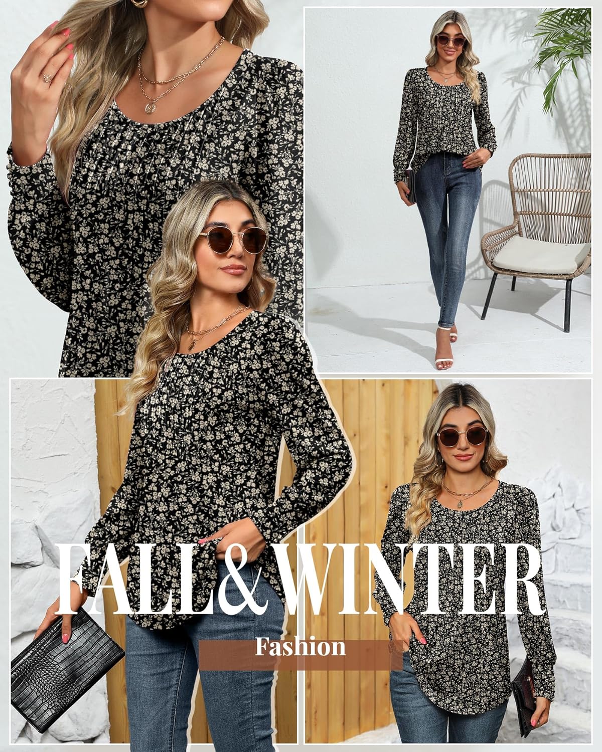 Ficerd Women's Puff Long Sleeve Tunic Tops Pleated Crew Neck Blouses Dressy Casual Loose Fit Fall and Winter Shirts - Image 4