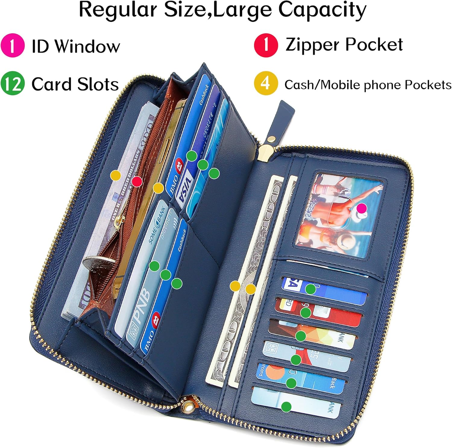 Badiya Womens Wallet Credit Card Holder RFlD Blocking Leather Zip Around Wallets Large Capacity Wristlet - Image 3