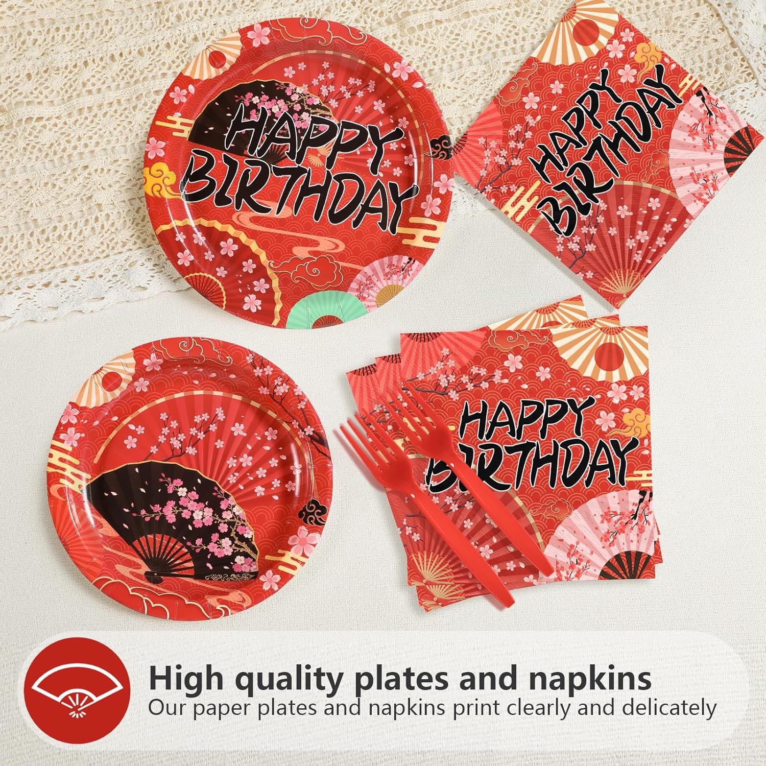 Grencian 96 Pcs Hibachi Party Decorations Folding Fans Birthday Party Supplies Japanese Cherry Blossom Tableware Set for Hibachi New Year Spring Festival Birthday Serves 24 - Image 3