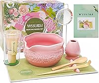 Vista 1 de Juego de matcha rosa, 8 piezas completo de cerámica matcha con cuenco, batidor y soporte de bambú, tamiz inoxidable, toalla de té, cuchara y cuchara