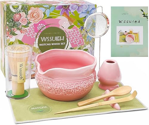 Juego de matcha rosa, 8 piezas completo de cerámica matcha con cuenco, batidor y soporte de bambú, tamiz inoxidable, toalla de té, cuchara y cuchara