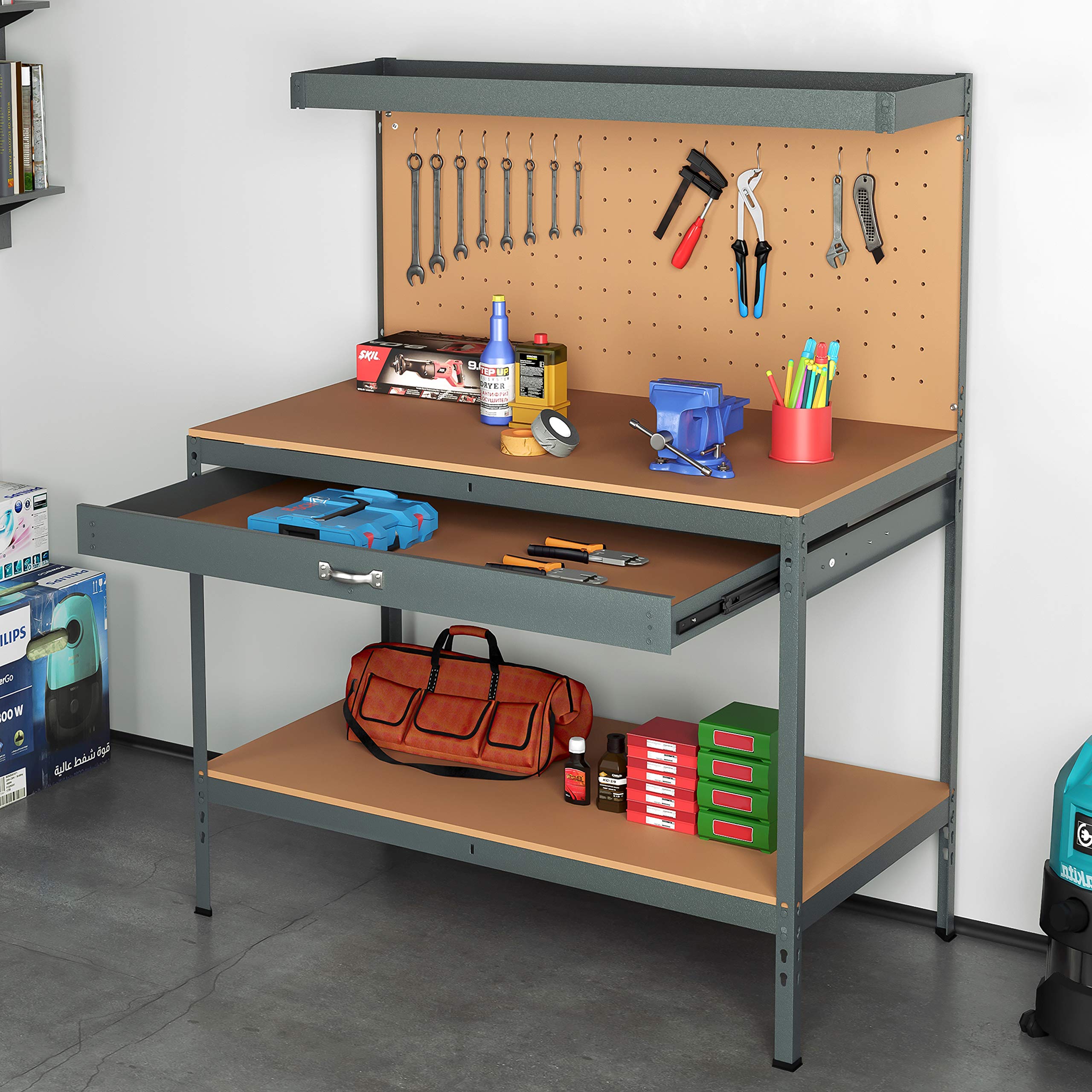 Steel Garage Work Bench Workbench Storage With Drawers Pegboard and 12