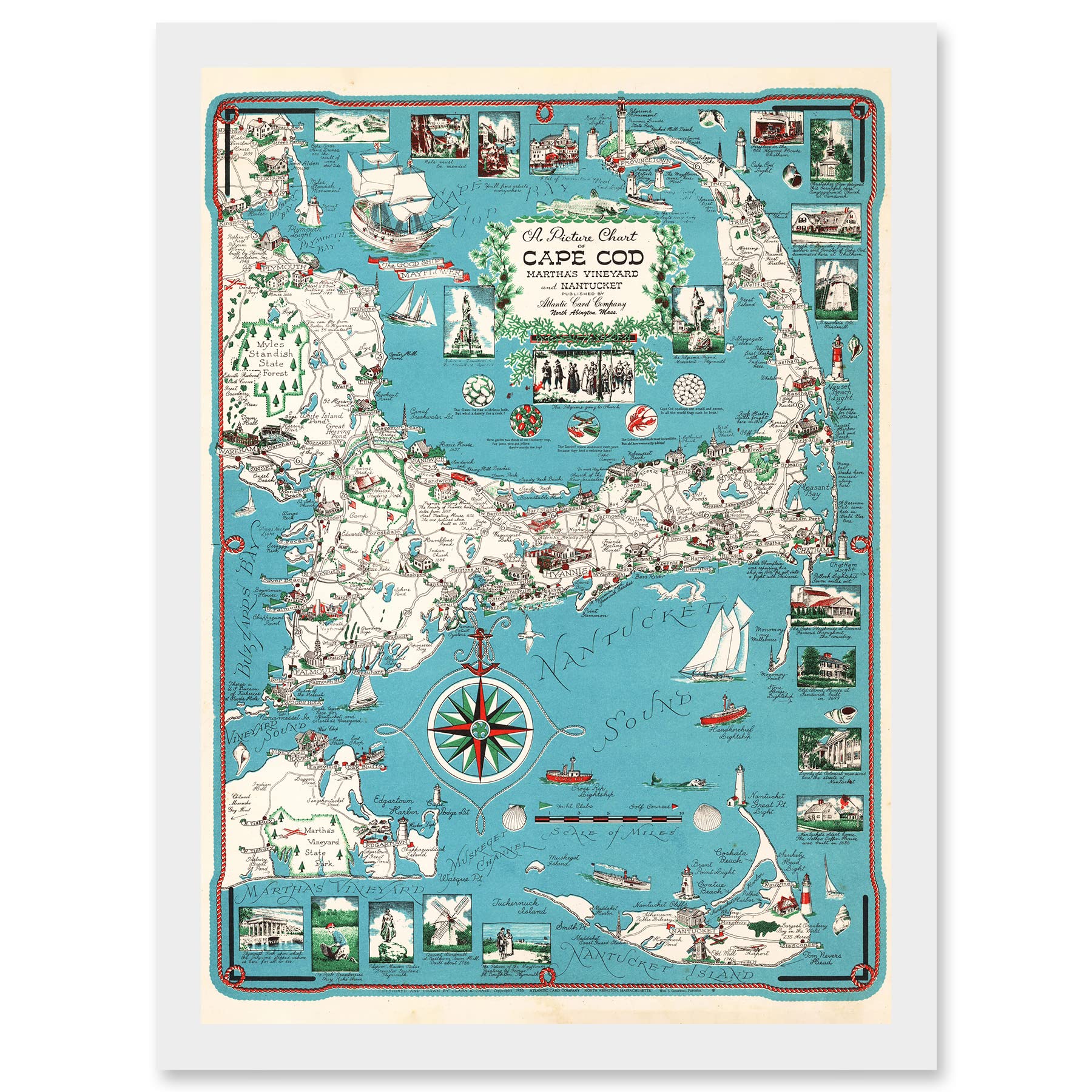 1949 Cape Cod Nantucket Massachusetts Pictorial Map - Framed Wall Art Print - Artery8