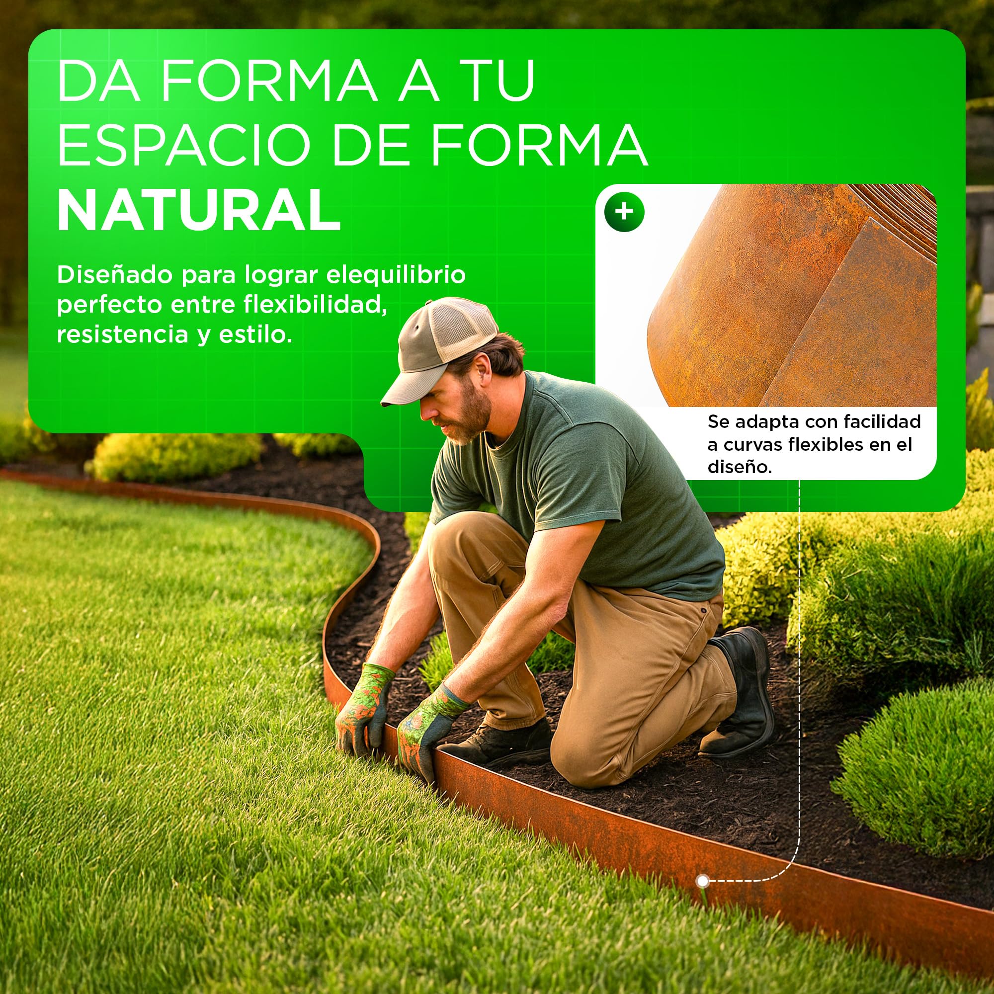Bordura Acero Corten 10 Metros | Borde Jardin Exterior 14cm Alto | Diseño Flexible & Fácil de Instalar | Incluye Guantes, Taco de Madera, Conectores y eBook con Instrucciones