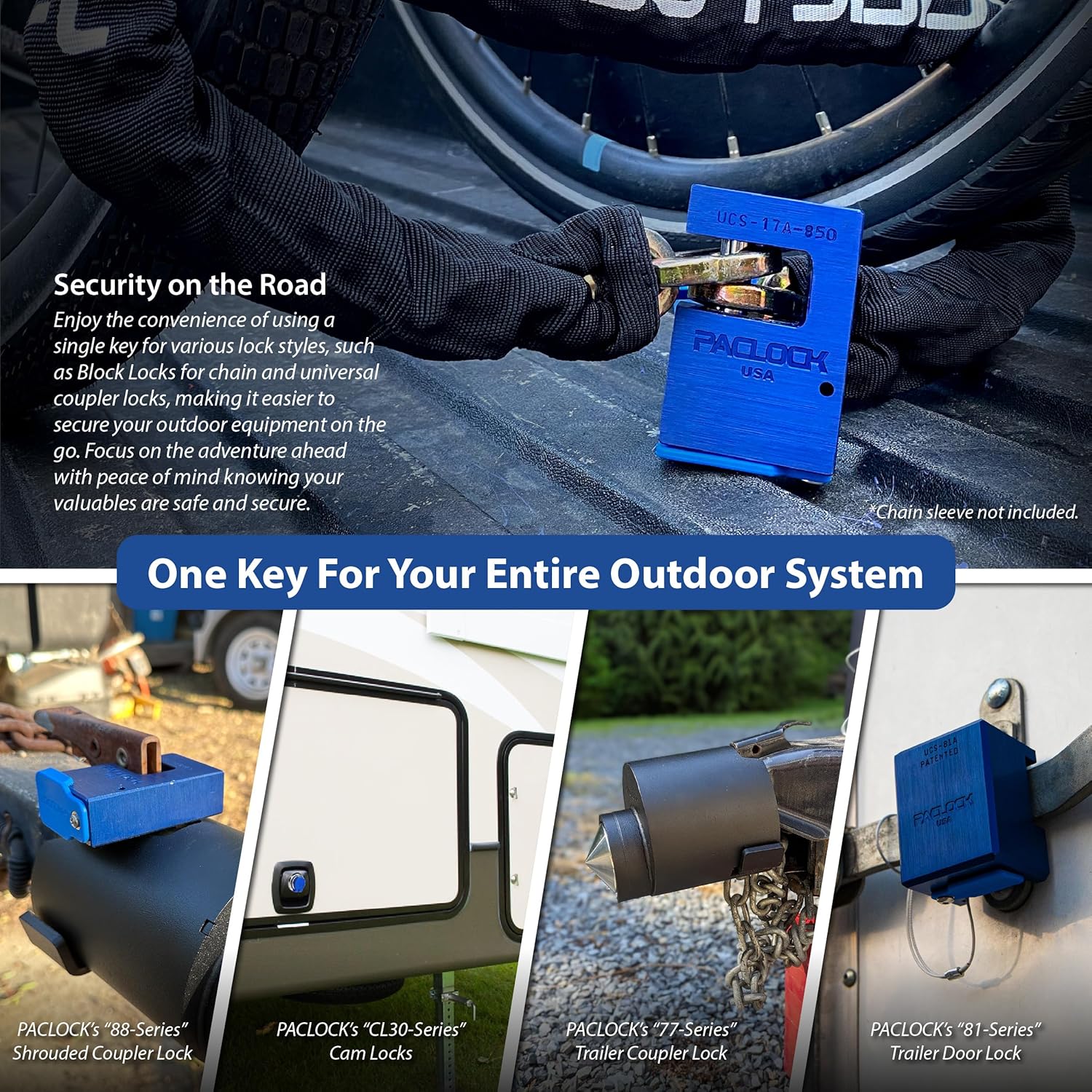 PACLOCK’s KT-UCS-17A-1100 Block-Lock and 6' Chain Kit for Bikes & Wheels, 1/2" USA Chain, Hidden-Shackle “U-Shape” Prevents Cutting Attacks, High-Performance 6-Pin Cylinder, Keyed Alike U-Pick!