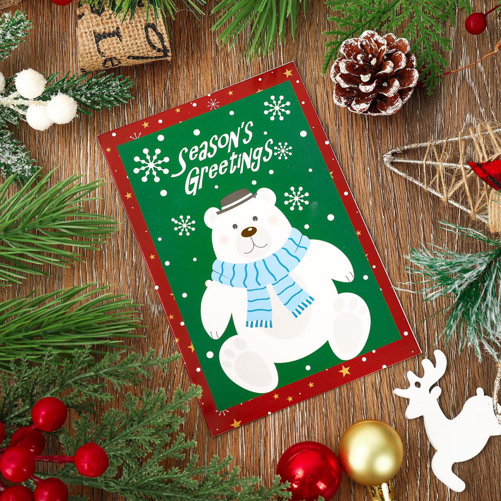 AnyDesign Christmas Greeting Cards Bulk 40 Pack Cartoon Note Cards With Envelopes Stickers Green Snowman Bear Reindeer Penguin Blank Note Cards For Gift Giving Party Favors