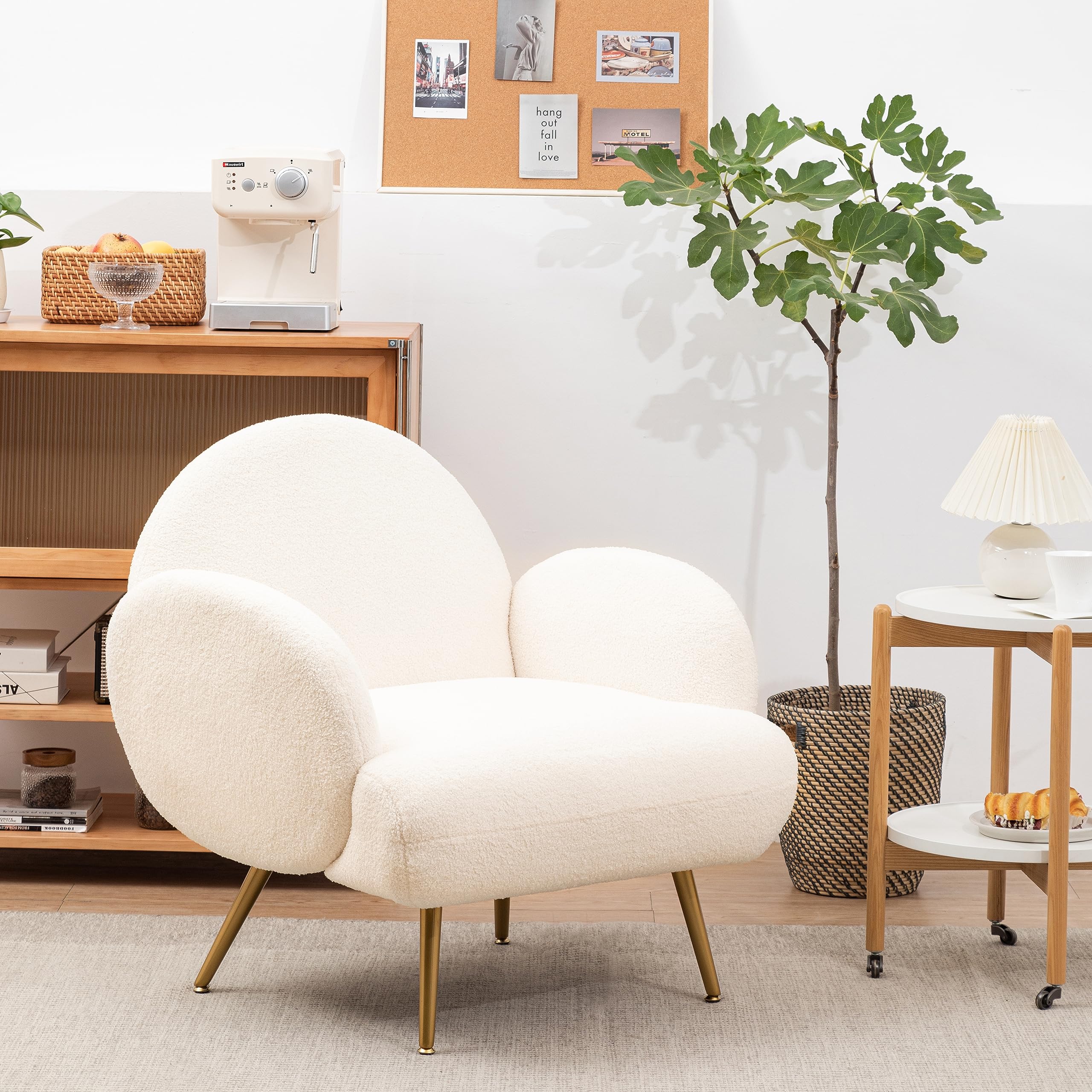 Sessel Moderner Loungesessel Einzel Loungesofa Lounge Sofa Gemütlicher Teddystoff Goldene Metallbeine Geeignet für Wohnzimmer Schlafzimmer, Weiß, Armlehne