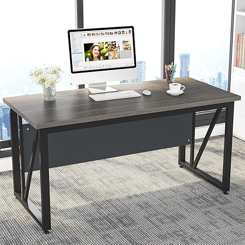 Tribesigns Escritorio simple para computadora de 55 pulgadas, moderno escritorio de oficina en casa para estación de trabajo, gris + patas de acero,