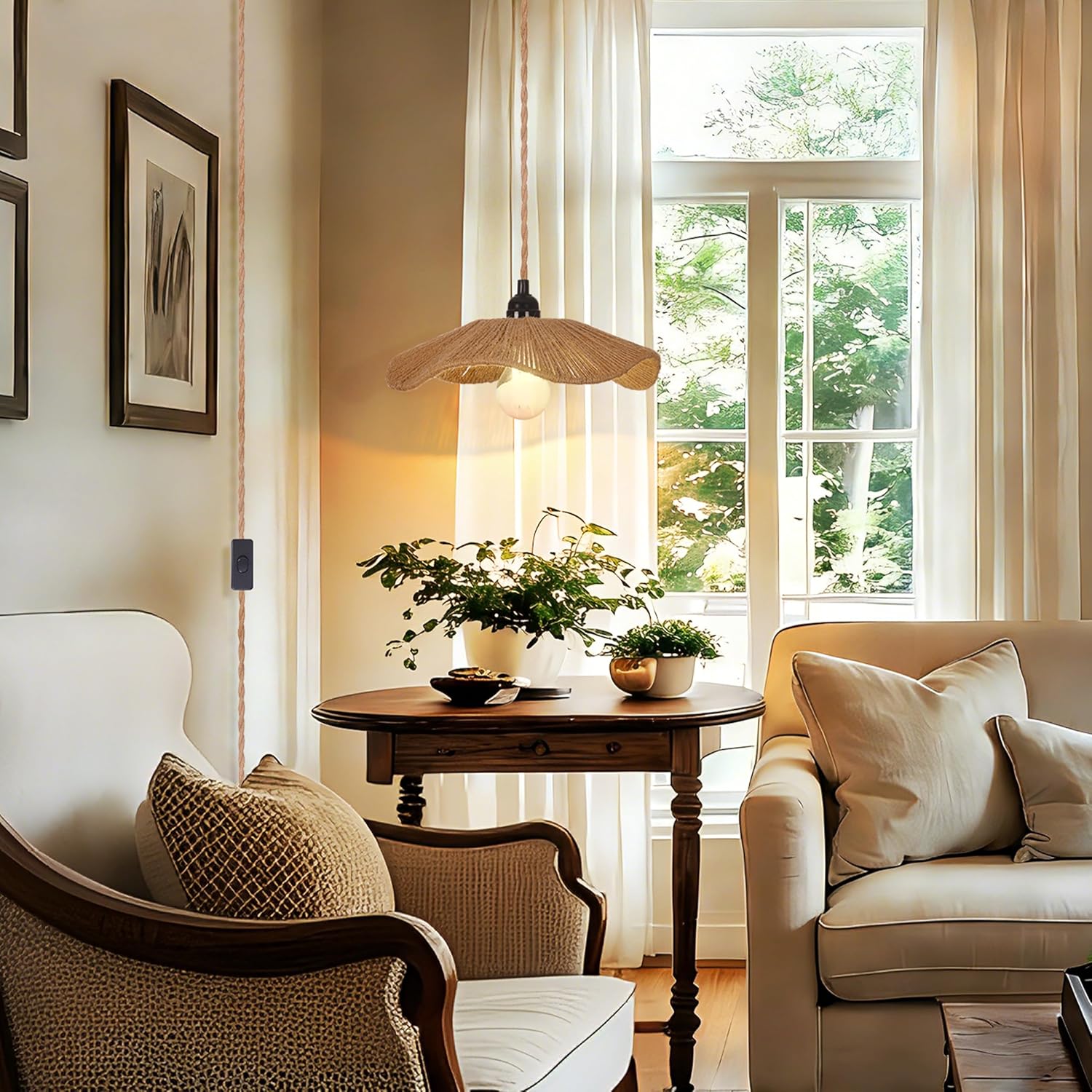 Plug in Hanging Lamps, 16.4FT Boho Coastal Handwoven Woven Plug in Cord Hanging Lighting Fixture Pendant Light Cord Kit with On Off Switch for Bedroom, Living Room, Kitchen, Dining Room