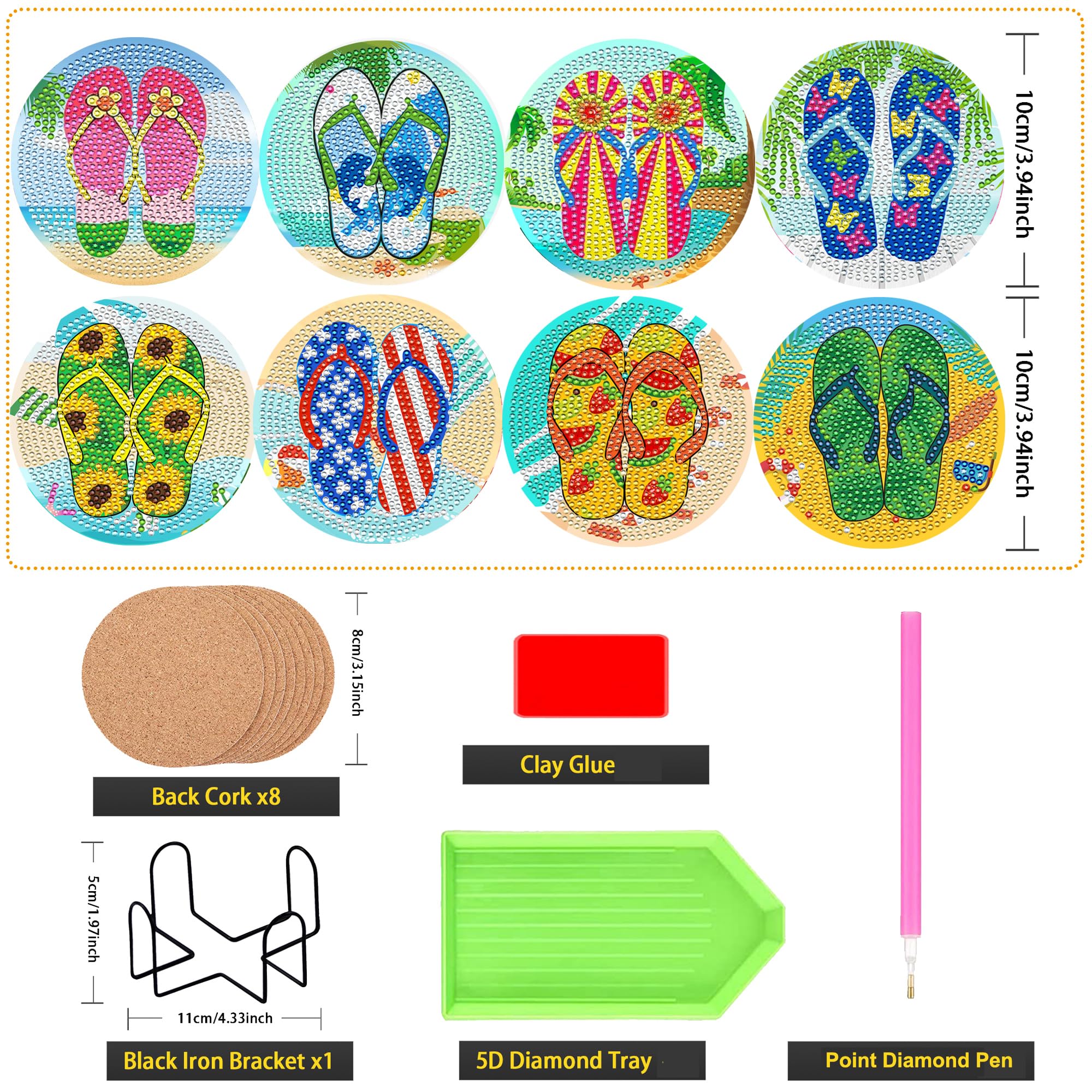 JeCuiK 8Pcs Diamond Painting Coasters Flip Flops DIY Diamond Art Coasters with Holder Diamond Coasters Funny Diamond Painting Kits for Adults Beginner Art Crafts Supplies