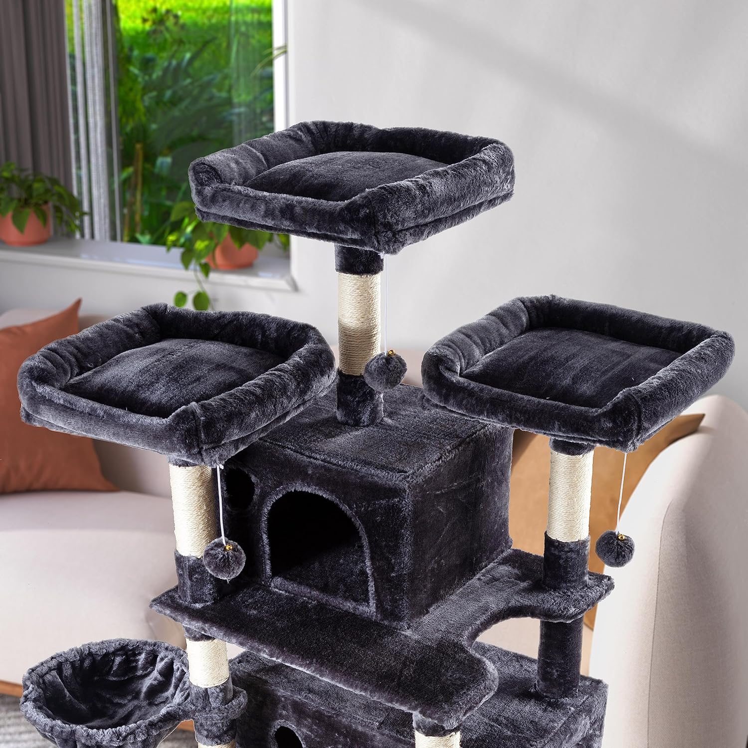WEEWAY 68 Inches Multi-Level Large Cat Tree for Feline‌/Big Tower/Condo/Cozy Plush Kitty Perches/Fluffy Balls/Sisal Scratching Posts and Hammocks/Cave/Furniture Activity Center/Drak Grey