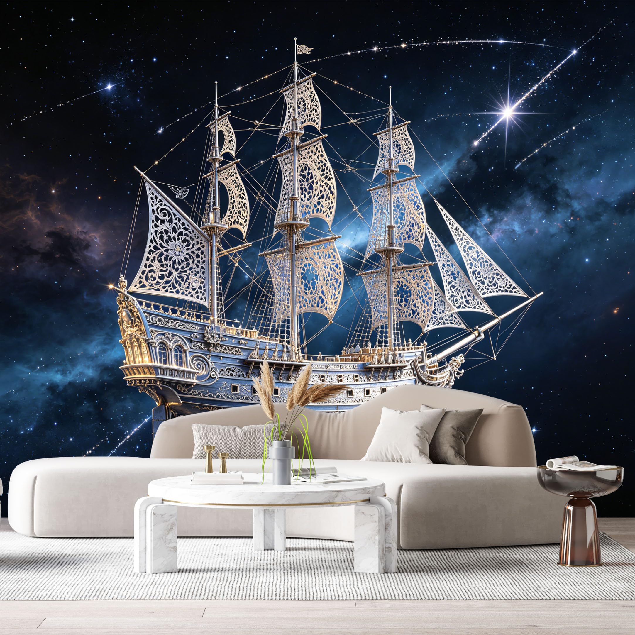 Custom Size Wall Murals Celestial Sailing Ship Ocean Marine 3D Trompe L'Oeil Starry Night Sky SelfAdhesiveWall Fabric Removable Wallpaper Wall Decor for Living Room Bedroom Bathroom