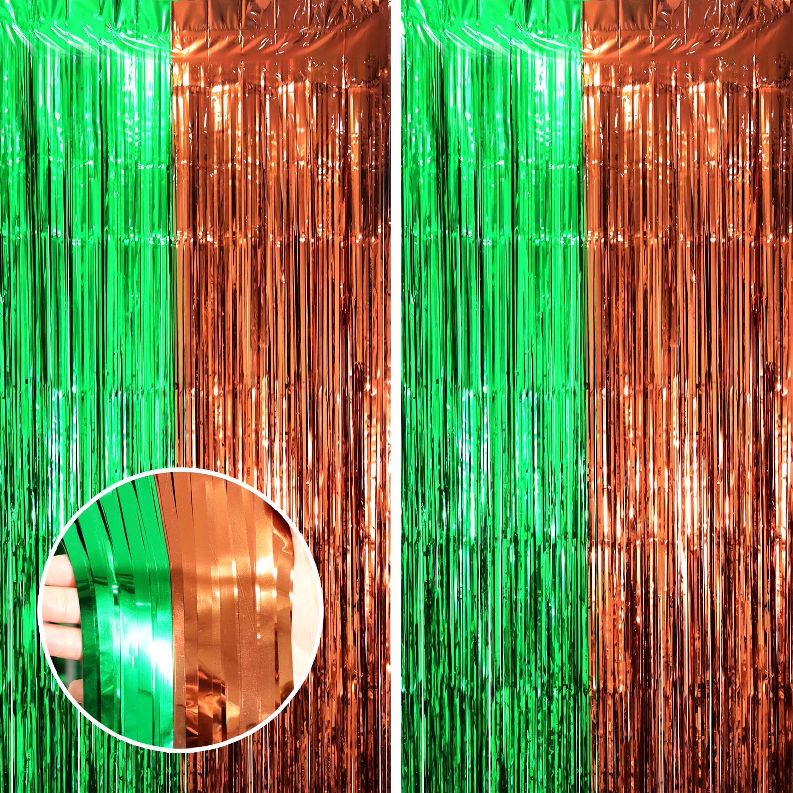 Voircoloria Green Brown Foil Fringe Backdrop Curtains,3.3x6.6ft, 2 Pack | Tinsel Streamers, Door Shimmer, For Baby Shower, Football Birthday Party Decorations, Graduations