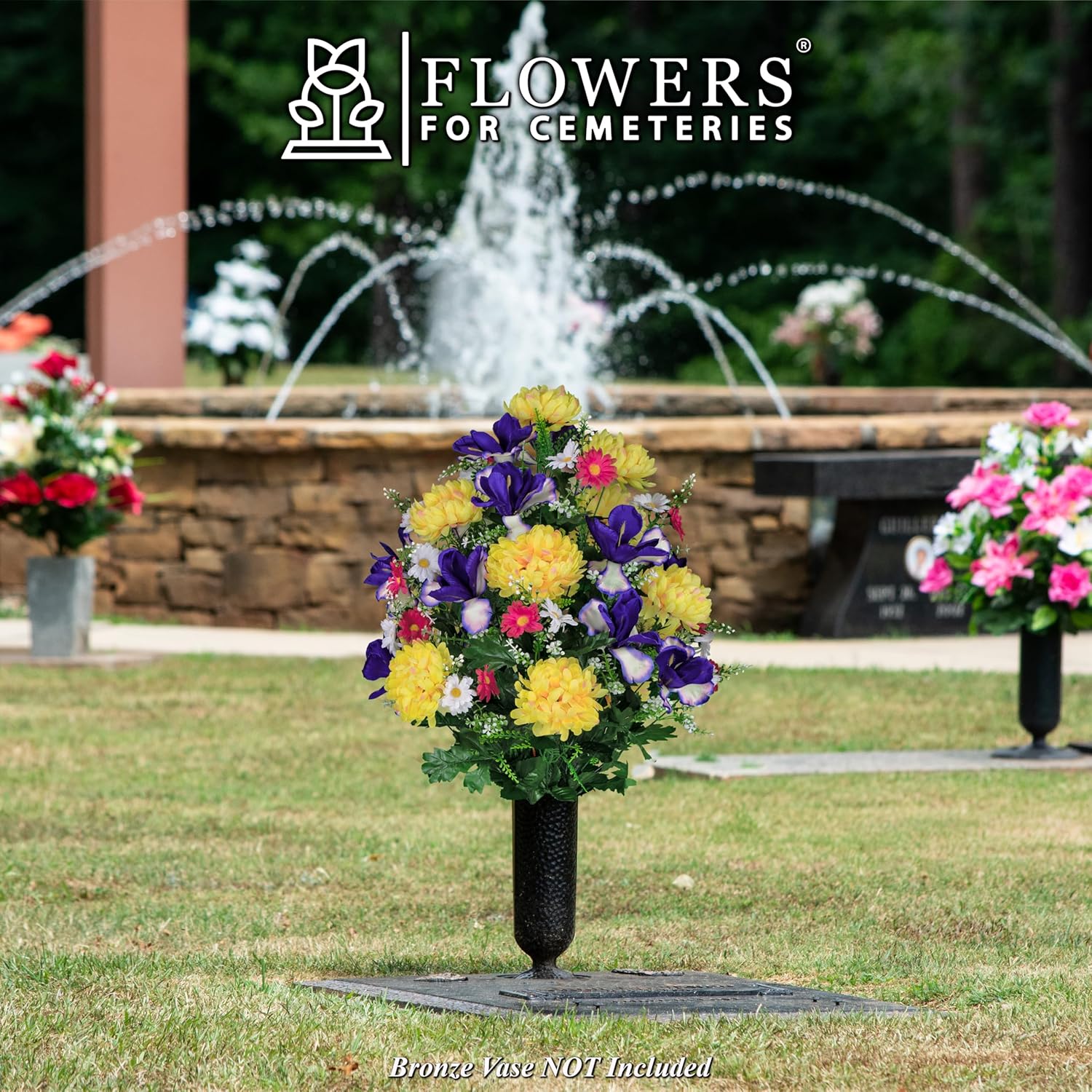 Purple Iris, Yellow Mums & Daisies - 36 Flowers in Bouquet - Sympathy Silks Flowers For Cemeteries - Cemetery Flowers for Grave - Mothers Day Spring Summer Arrangement